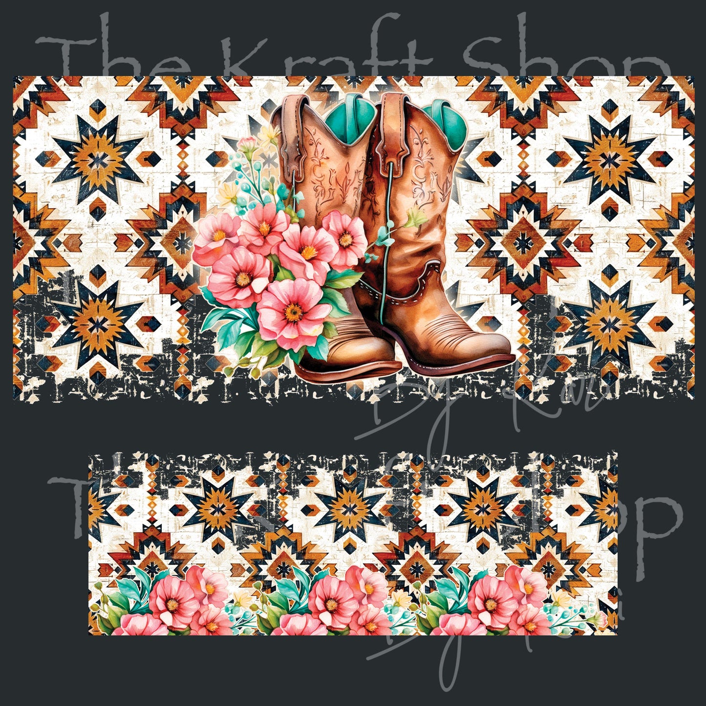 UV DTF 40 oz ready to apply Cowgirl boots Aztek with pink flowers wrap UV wrap quencher #3183