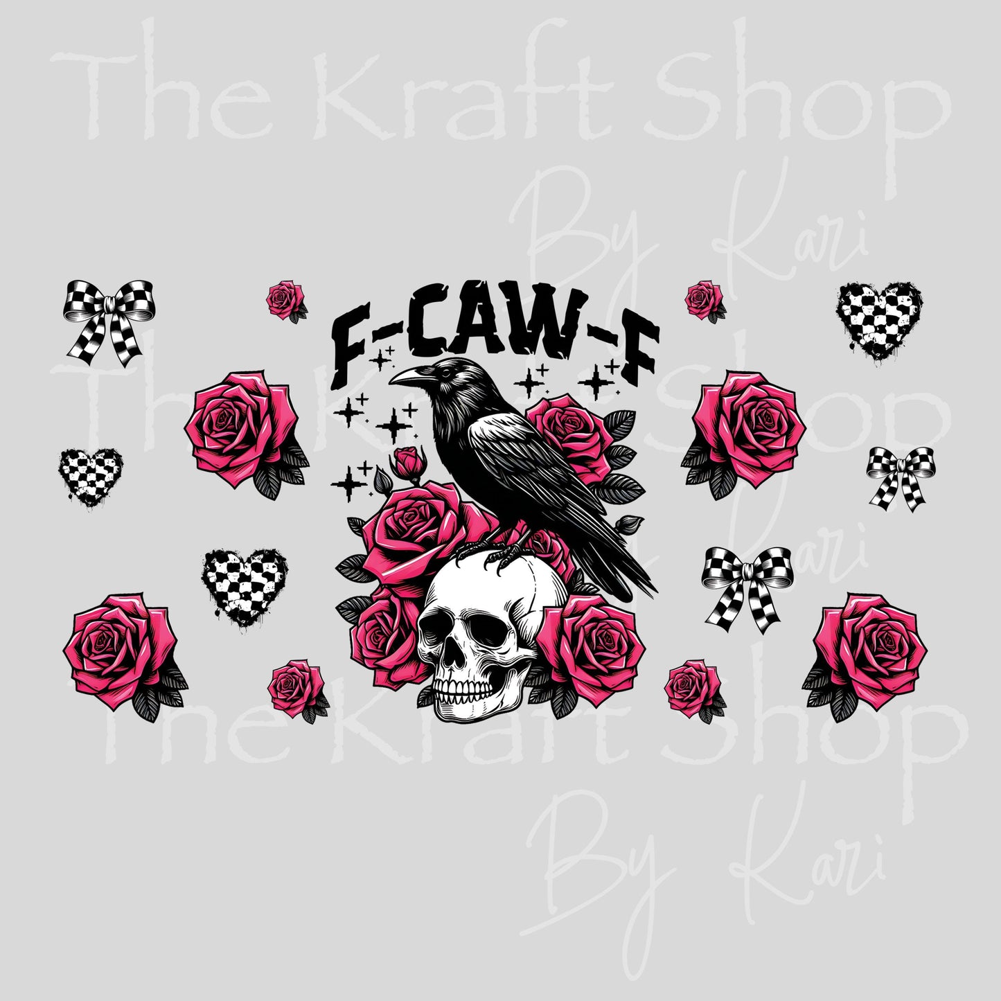 UV DTF Sticker print. F-caw-F skull roses checkered bows and hearts wrap or element decals tumbler decal. Glass can wrap. #5425