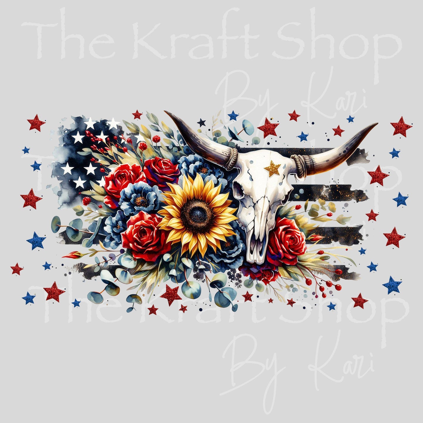UV DTF Sticker print. Patriotic cow skull with flowers wrap or element decals tumbler decal. Glass can wrap. #5428
