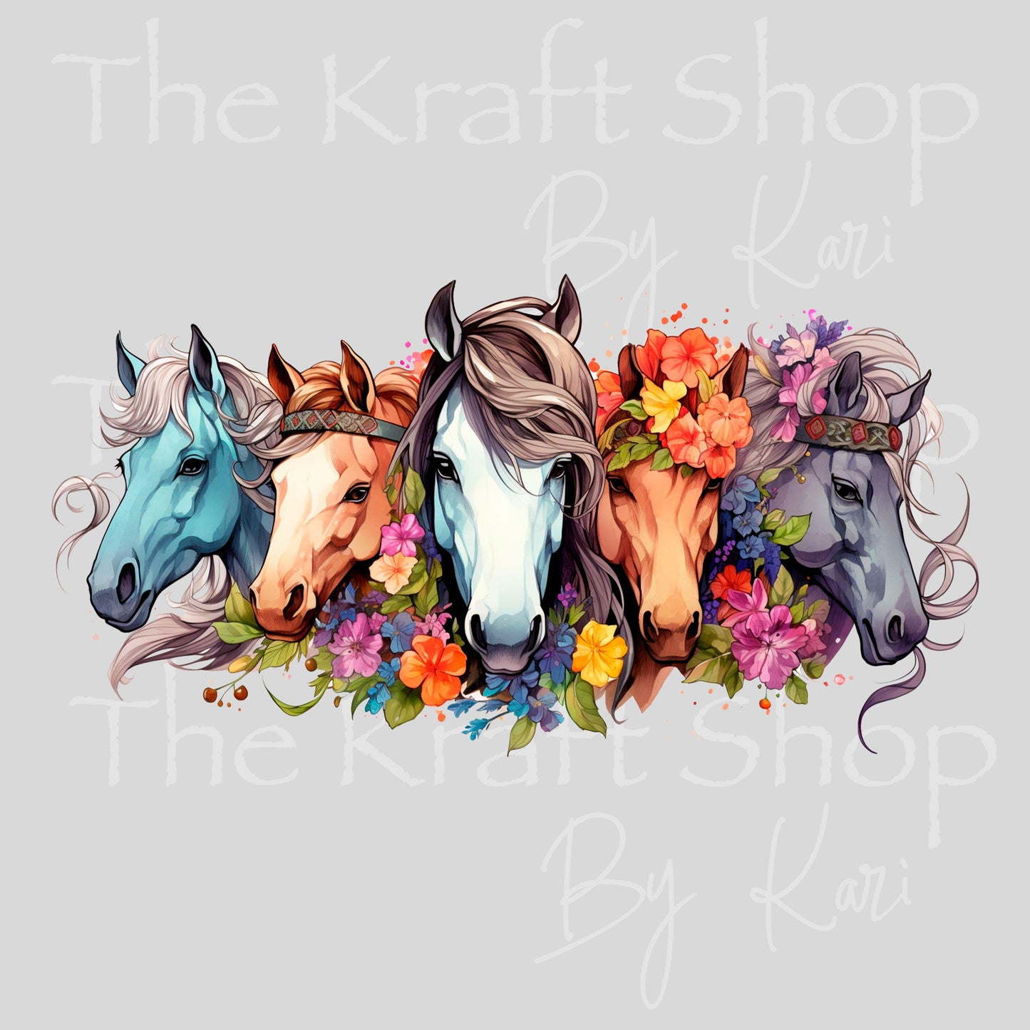 UV DTF Sticker print. Horses flowers watercolor wrap or element decals tumbler decal. Glass can wrap. #5433