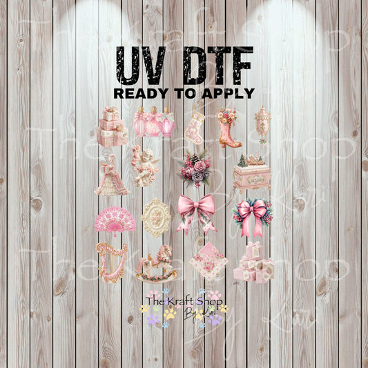 UV DTF Sticker print Victorian Pink Christmas Element sheet decal #7473