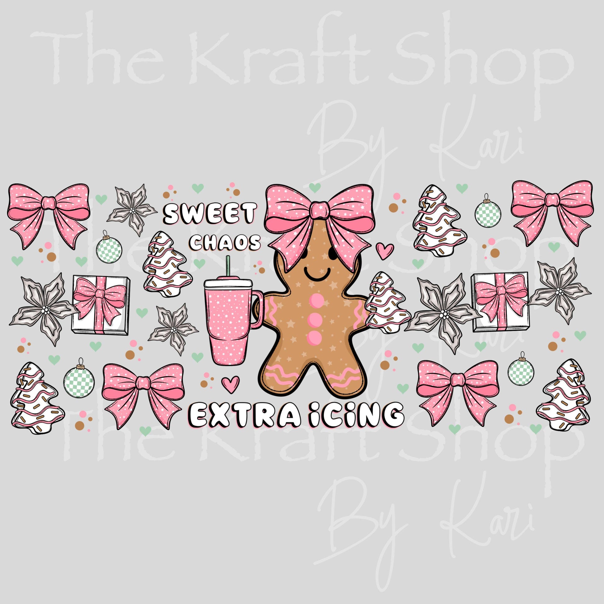 UV DTF Sticker print. Sweet chaos extra icing Christmas gingerbread Wrap decals tumbler decal. Glass can wrap. #5471