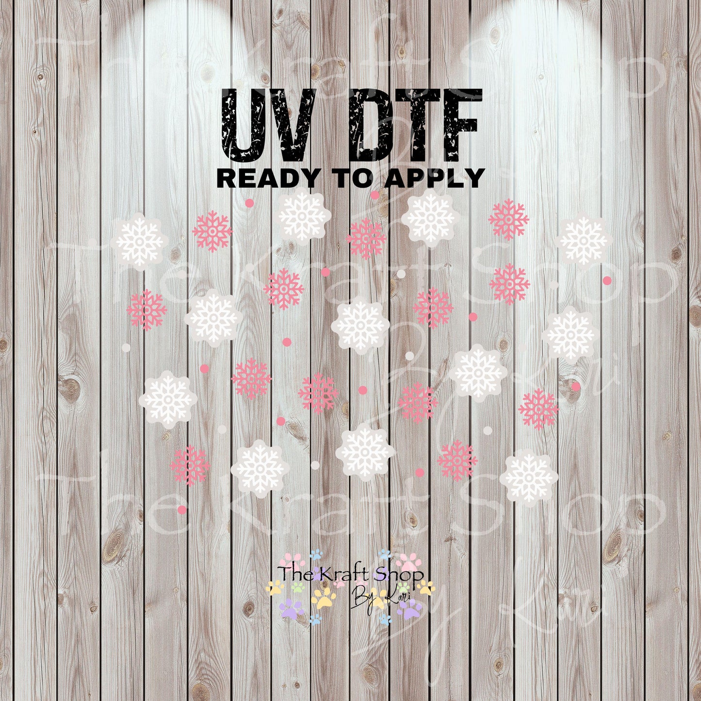 UV DTF Sticker print. Pink snowflakes 24 oz tapered wrap or element sheet of decals for acrylic tumblers #5448