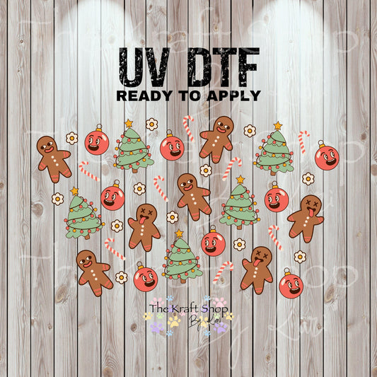 UV DTF Sticker print. Groovy Gingerbread Christmas 24 oz tapered wrap or element sheet of decals for acrylic tumblers #5453