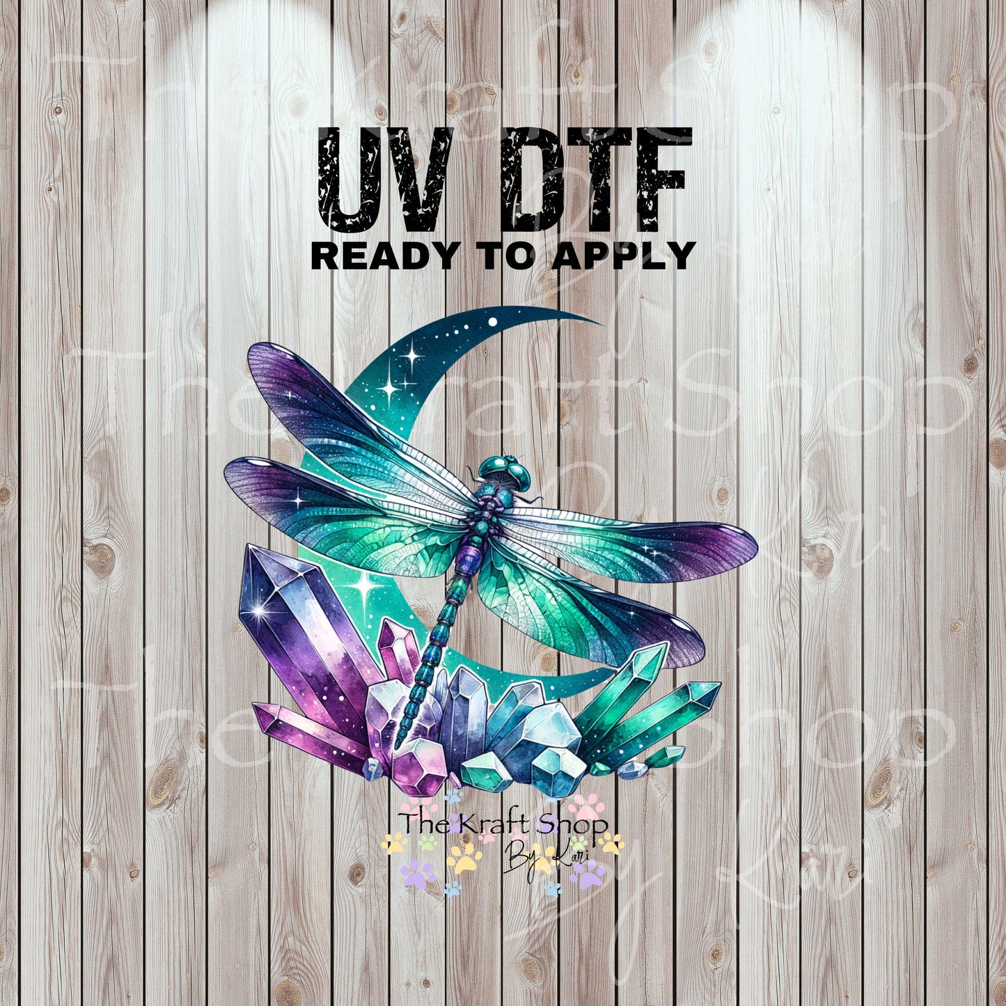 UV DTF Sticker print Green purple crystal dragonfly with moon decal, tumbler decal, permanent sticker. #10353