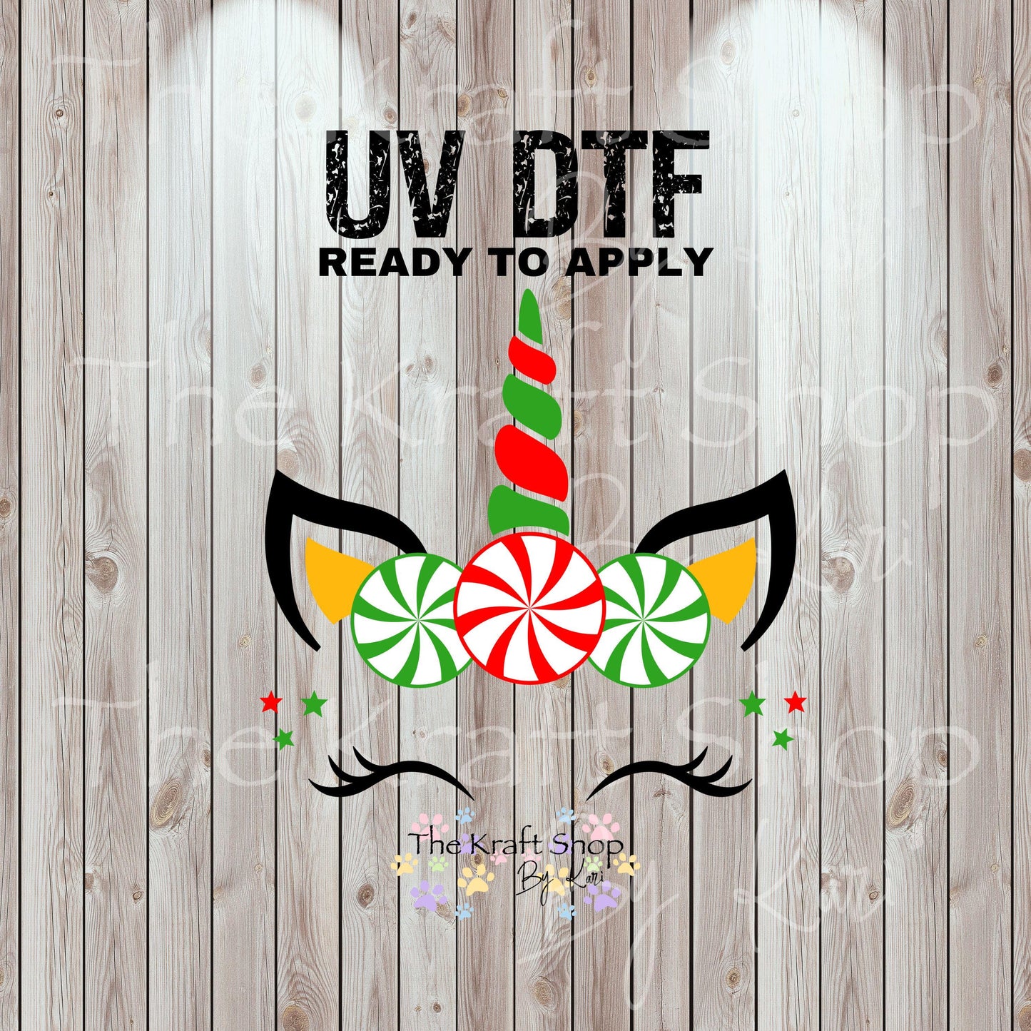 UV DTF Sticker print Unicorn Christmas with eyelashes and mint candy decal, tumbler decal, permanent sticker. #7478