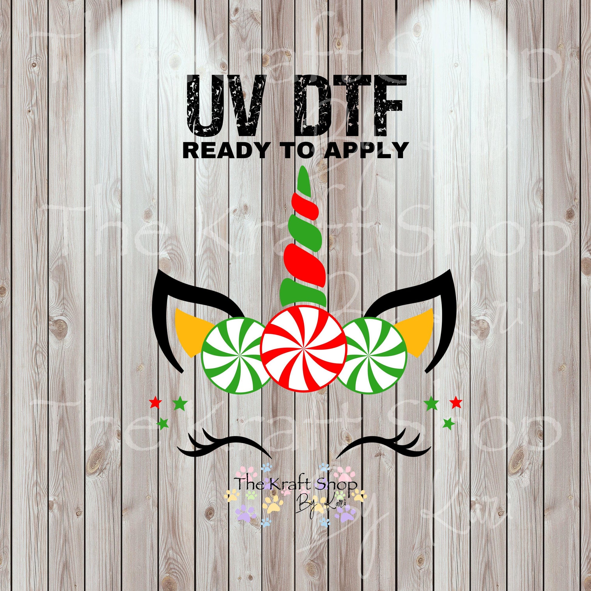 UV DTF Sticker print Unicorn Christmas with eyelashes and mint candy decal, tumbler decal, permanent sticker. #7478