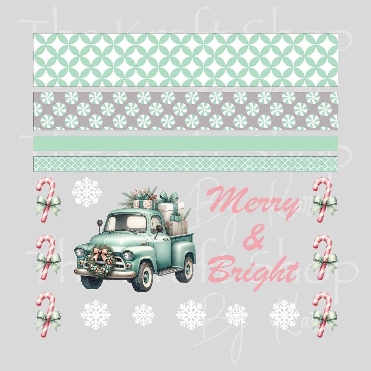 UV DTF Sticker print Merry and bright mixed media Teal truck Christmas bundle of decals Element sheet 10x10 decal #7482