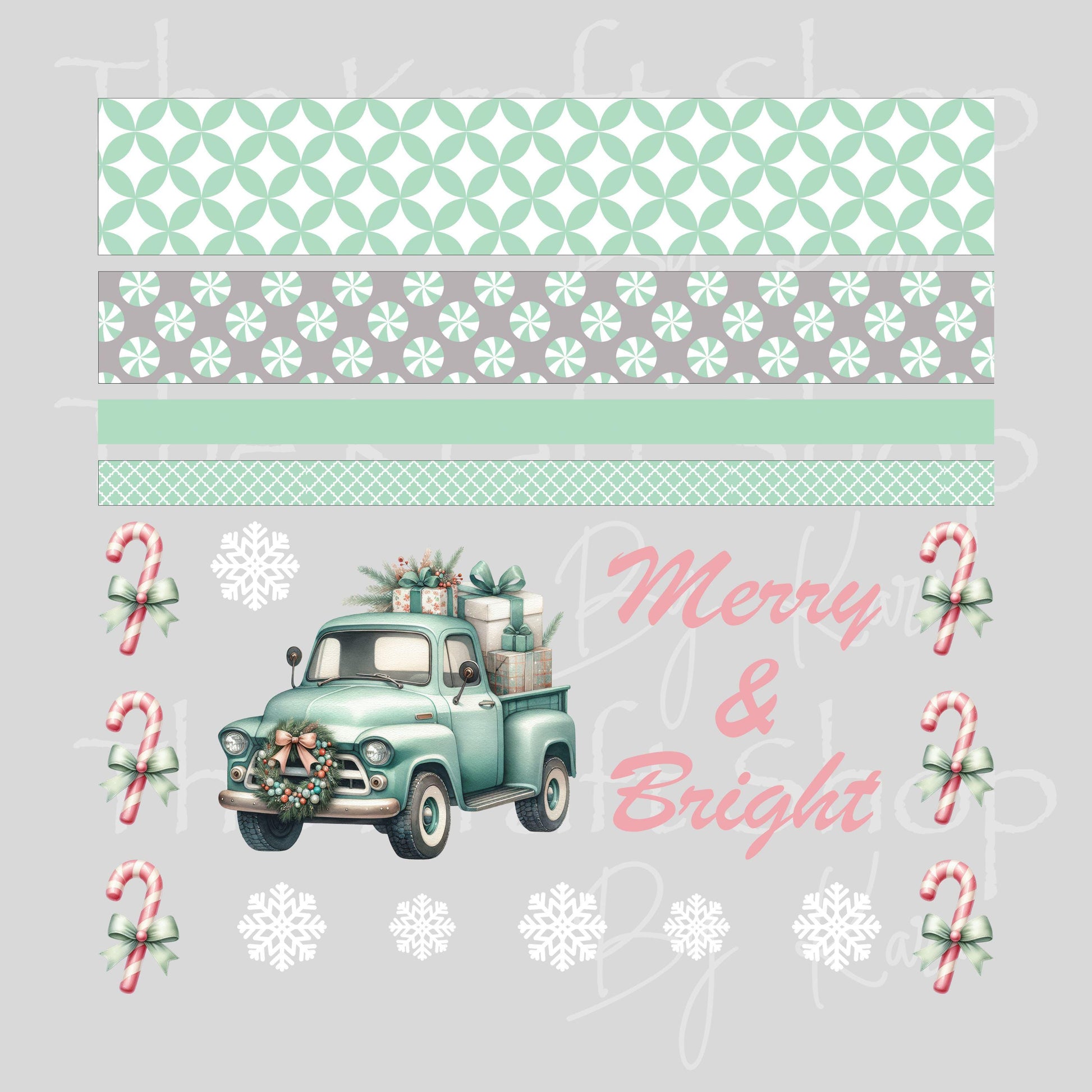 UV DTF Sticker print Merry and bright mixed media Teal truck Christmas bundle of decals Element sheet 10x10 decal #7482