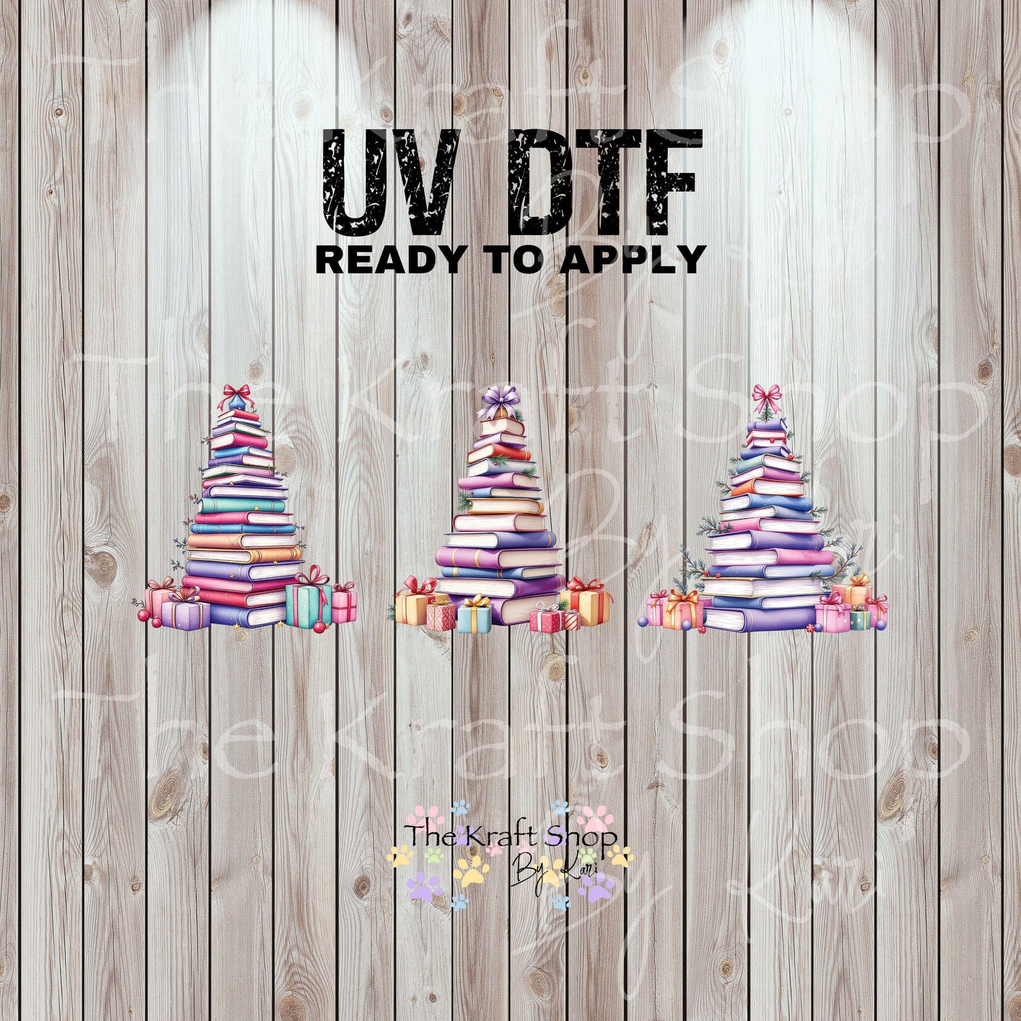 UV DTF Sticker prints. Book trees with bows Christmas decals 3 pk, permanent sticker.#7458