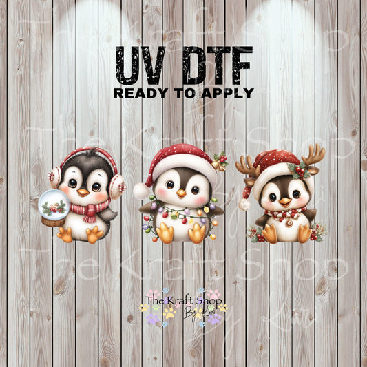 UV DTF Sticker prints. Christmas Penguins decals 3 pk, permanent sticker.#7462