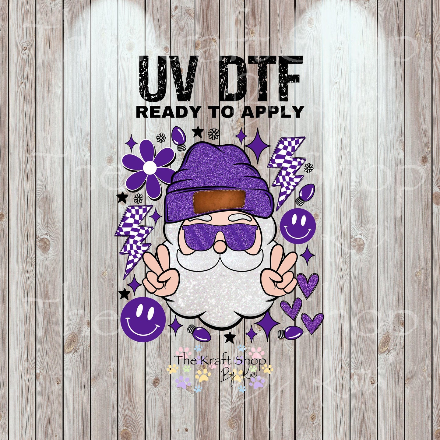 UV DTF Sticker print. Purple Groovy Santa peace smiley face checkered lightening bolt Christmas decal, tumbler decal #7465