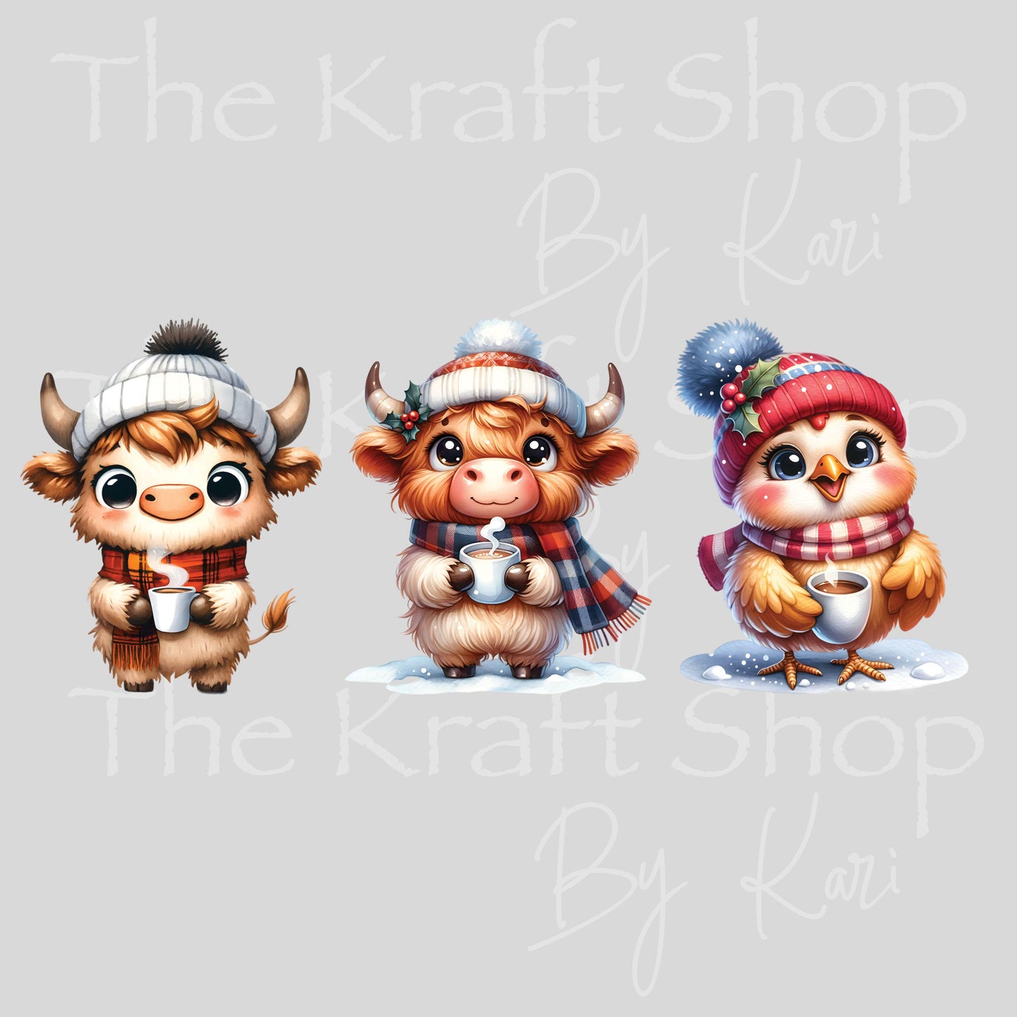 UV DTF Sticker prints. Cute hot cocoa animals Christmas decals 3 pk, permanent sticker.#7466