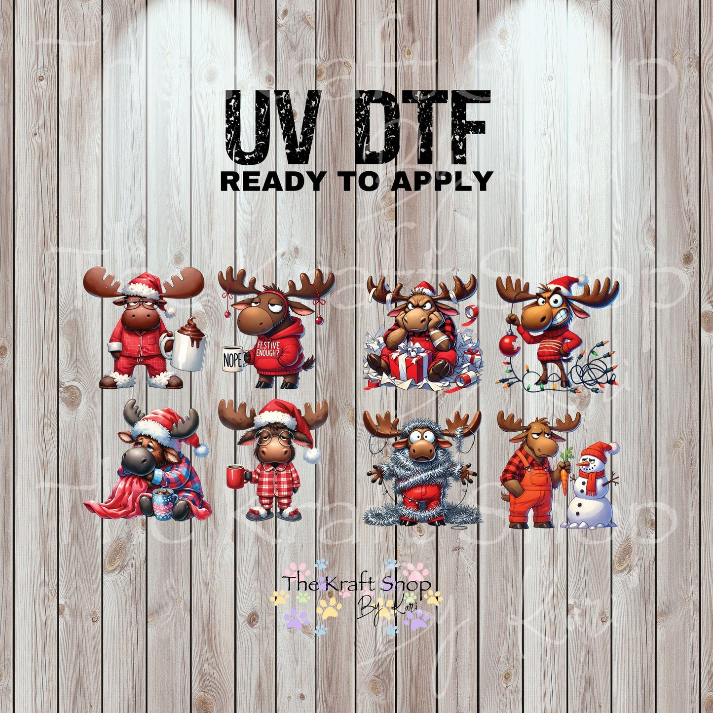 UV DTF Sticker prints. Funny Christmas Moose bundle or Hot Cocoa Moose decals 4 pk, permanent sticker.#7464