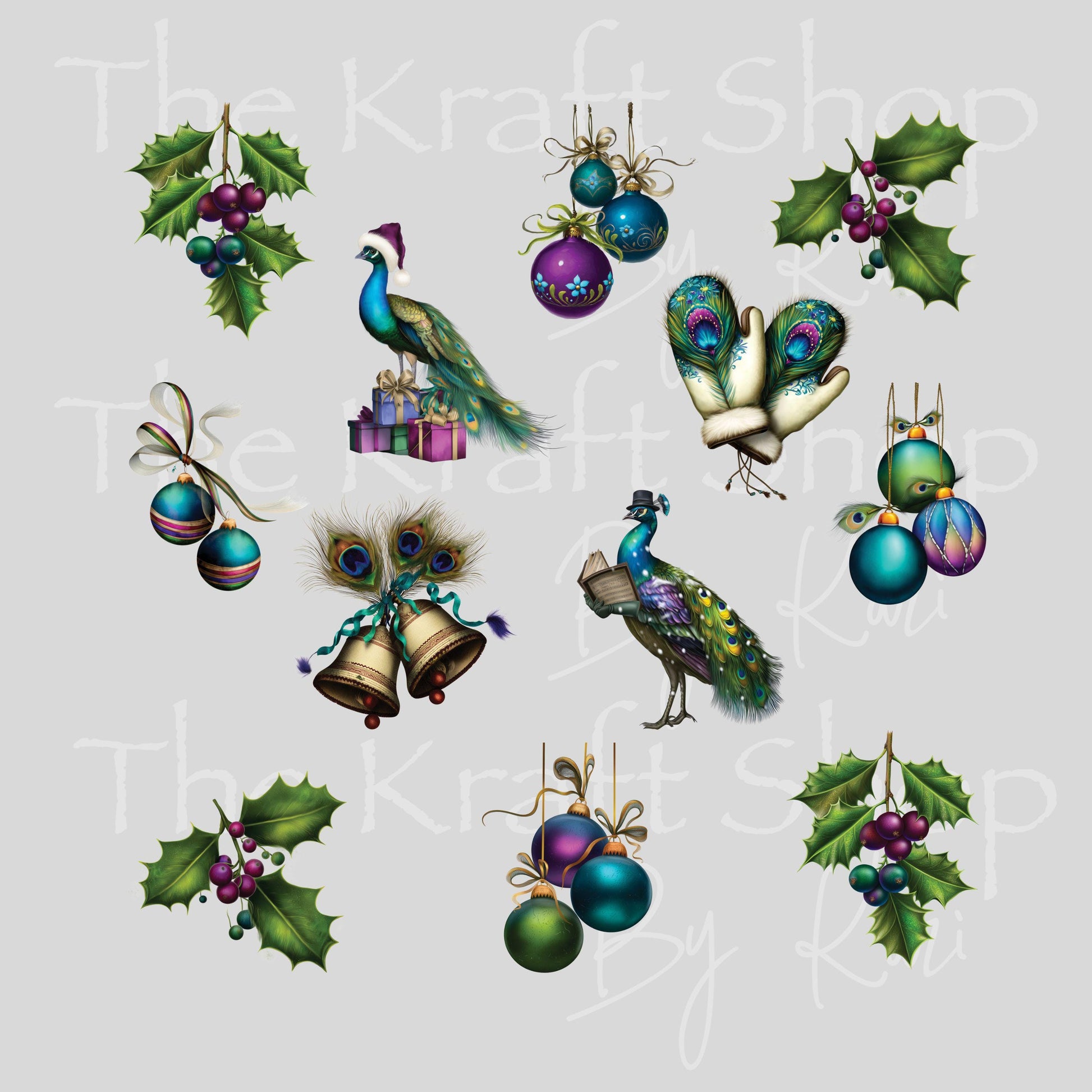 UV DTF Sticker print Peacock Christmas mixed media Element sheet 9x9 decal #7490