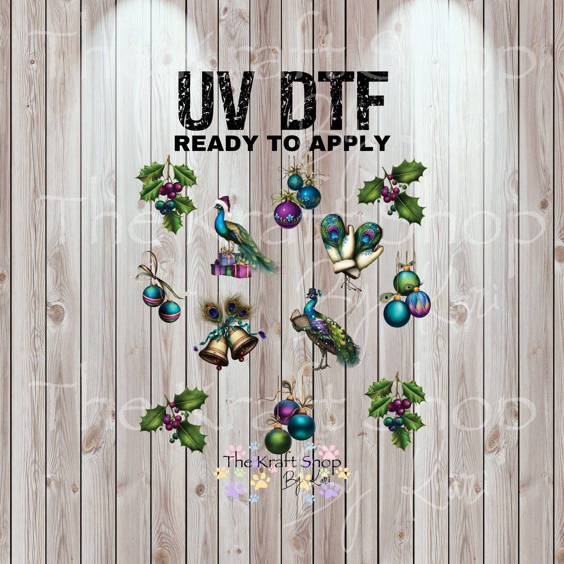 UV DTF Sticker print Peacock Christmas mixed media Element sheet 9x9 decal #7490