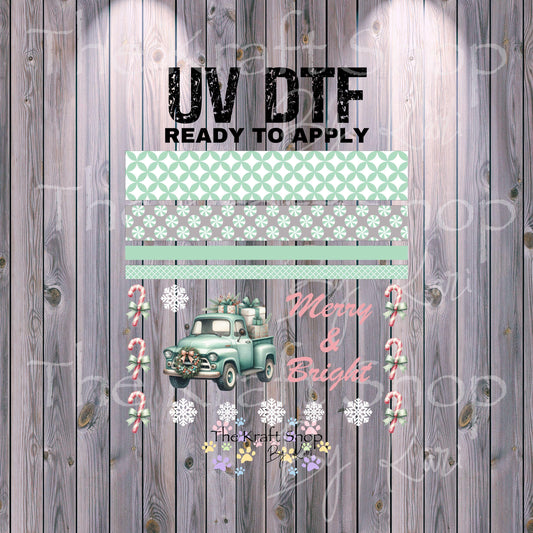 UV DTF Sticker print Merry and bright mixed media Teal truck Christmas bundle of decals Element sheet 10x10 decal #7482