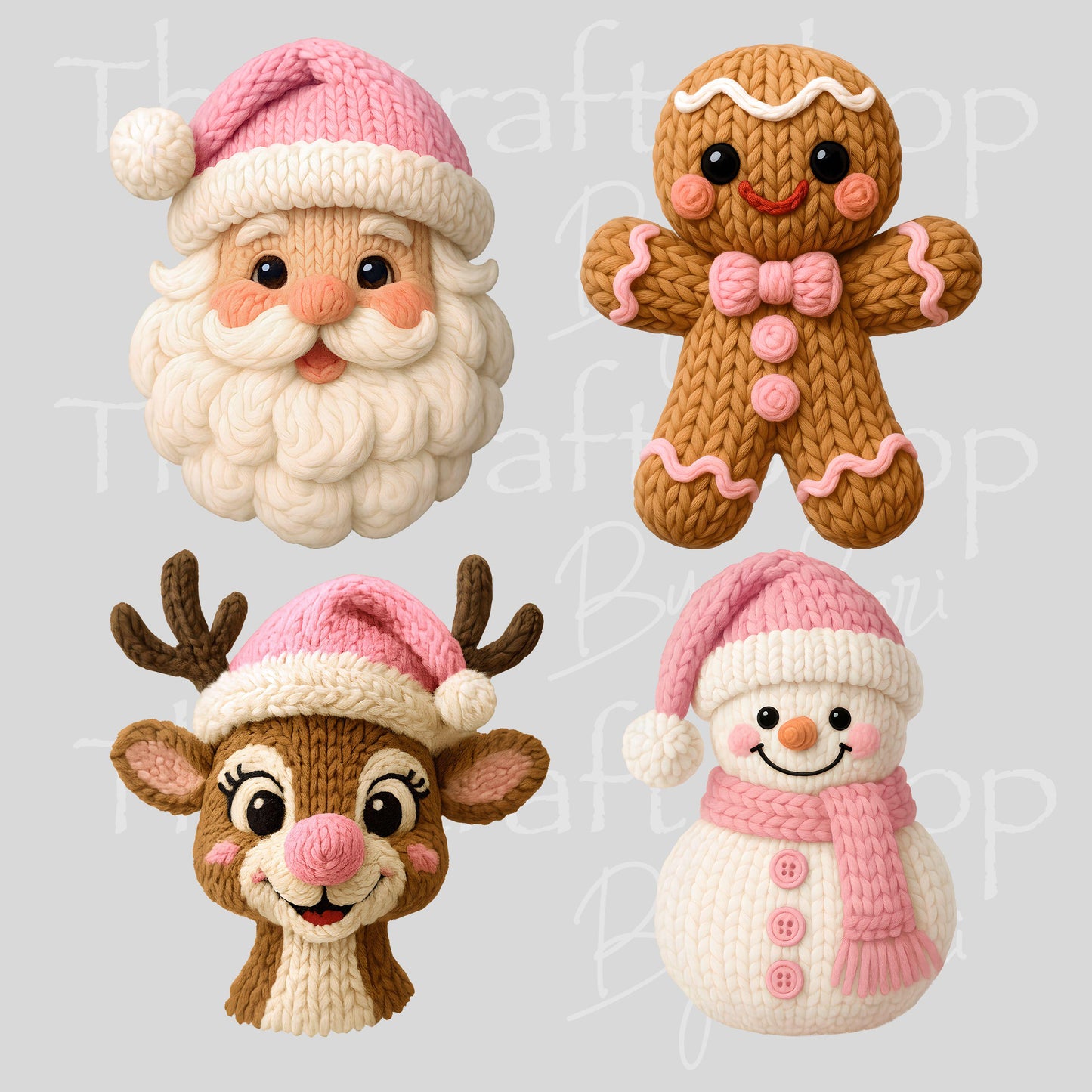 UV DTF Sticker prints. Crochet Santa Snowman Reindeer Gingerbread Christmas decals 4 pk, permanent sticker.#7537