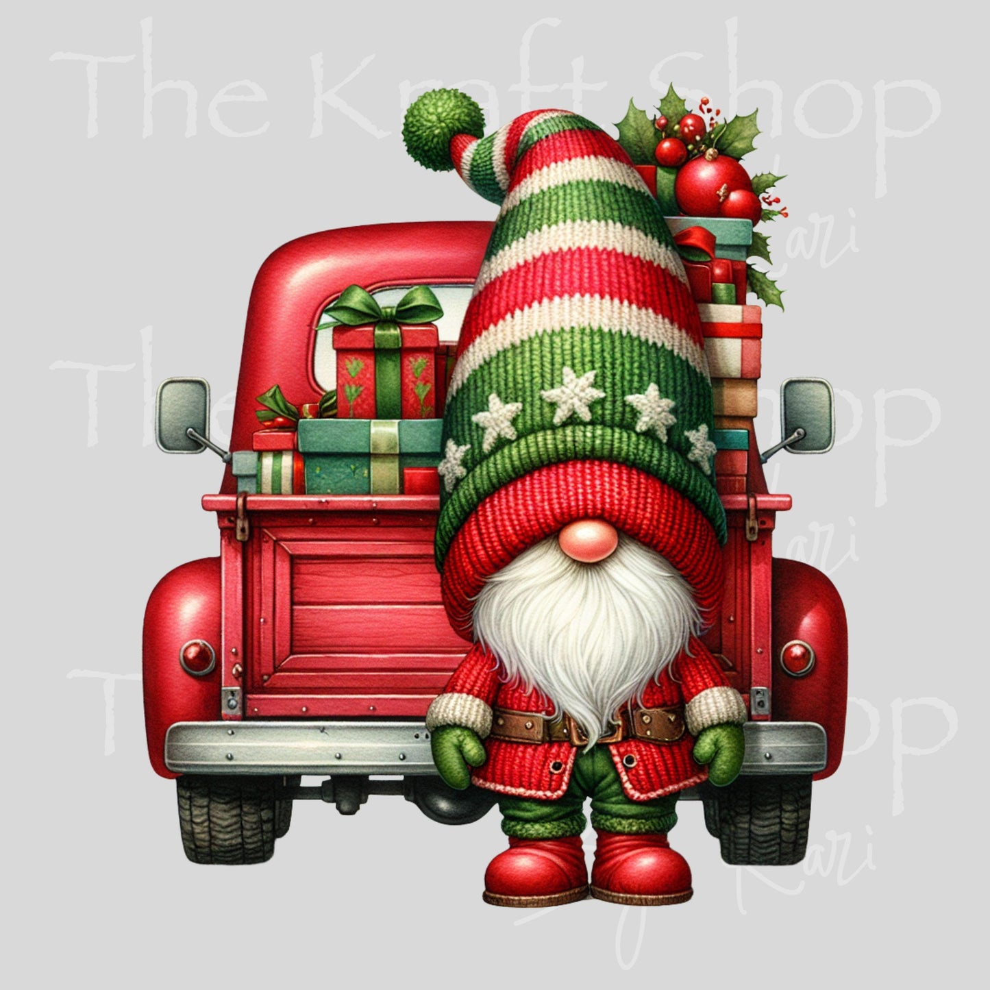UV DTF Sticker prints. Gnome Santa and red truck Christmas decal, permanent sticker. #7511