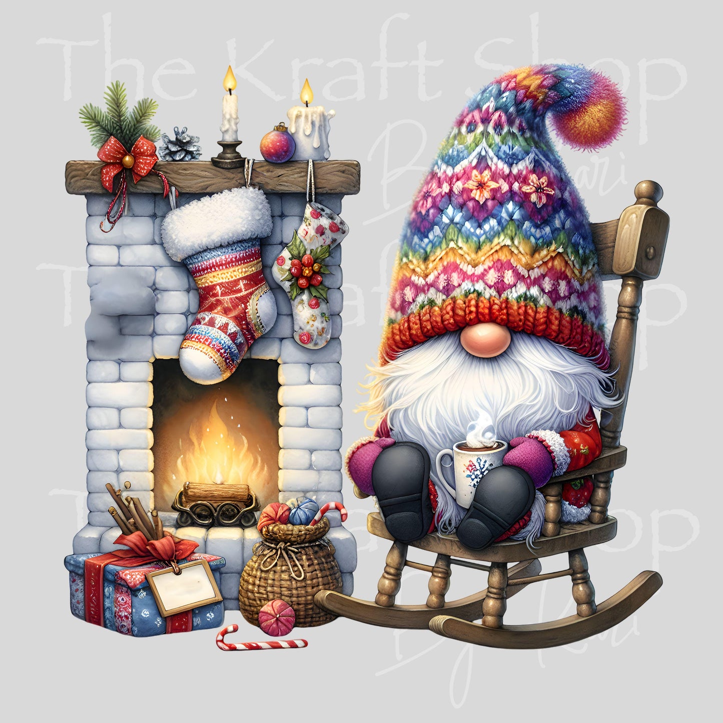 UV DTF Sticker prints. Knit Hat Gnome by Fireplace Christmas decal, permanent sticker. #7514