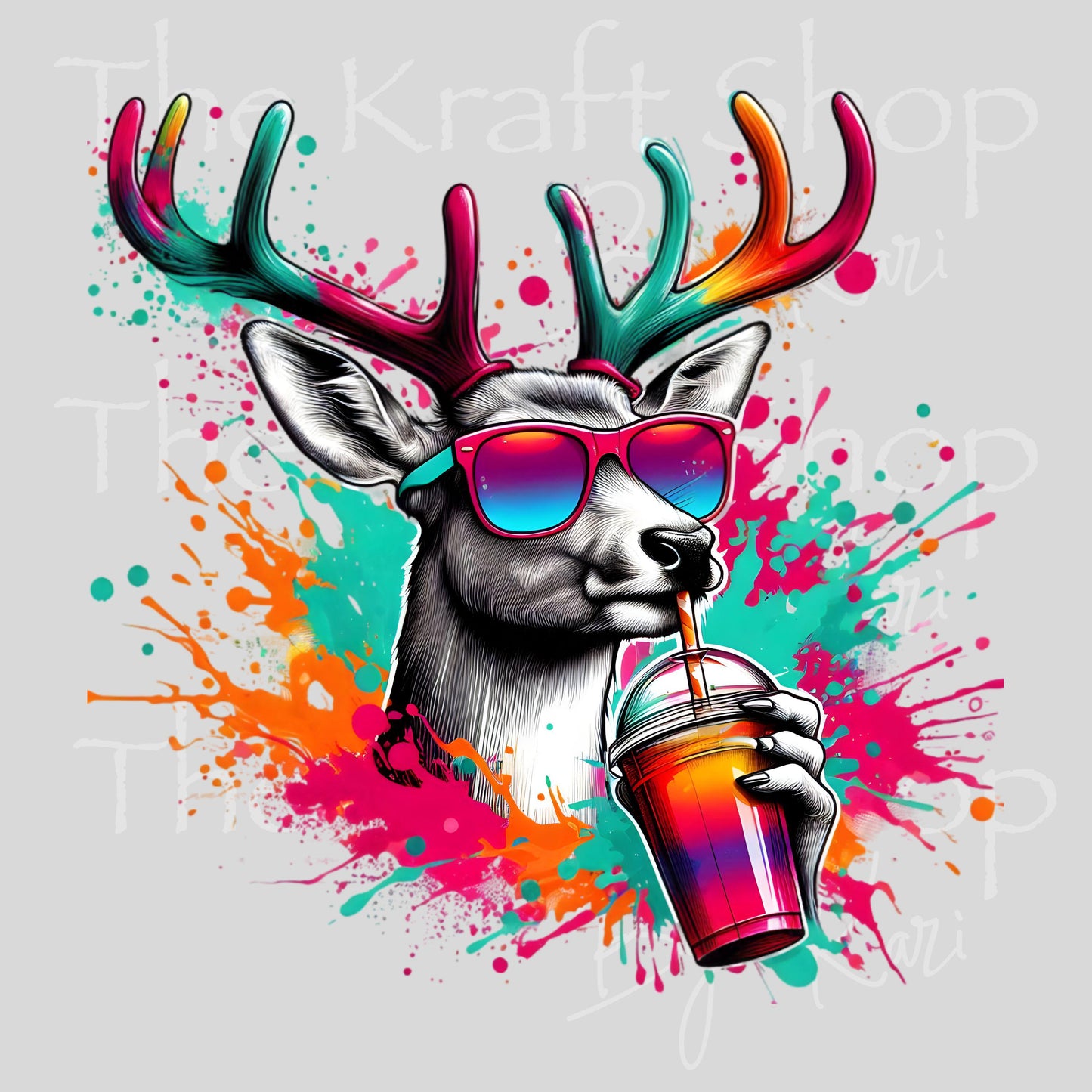 UV DTF Sticker prints. Paint splatter deer drinking a coffee colorful bright decal, permanent sticker. #1082