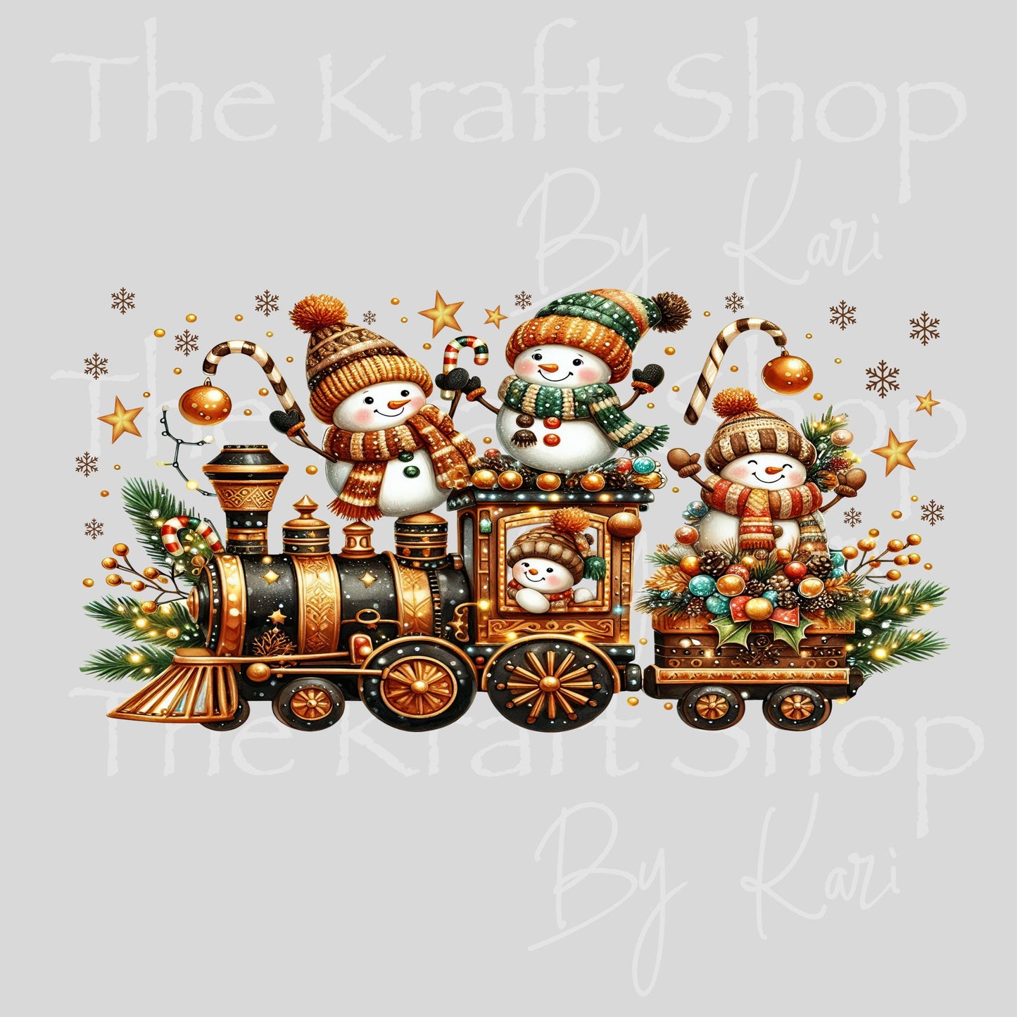 UV DTF Sticker print. Gold snowman train Christmas Wrap decal Glass can wrap. #7562