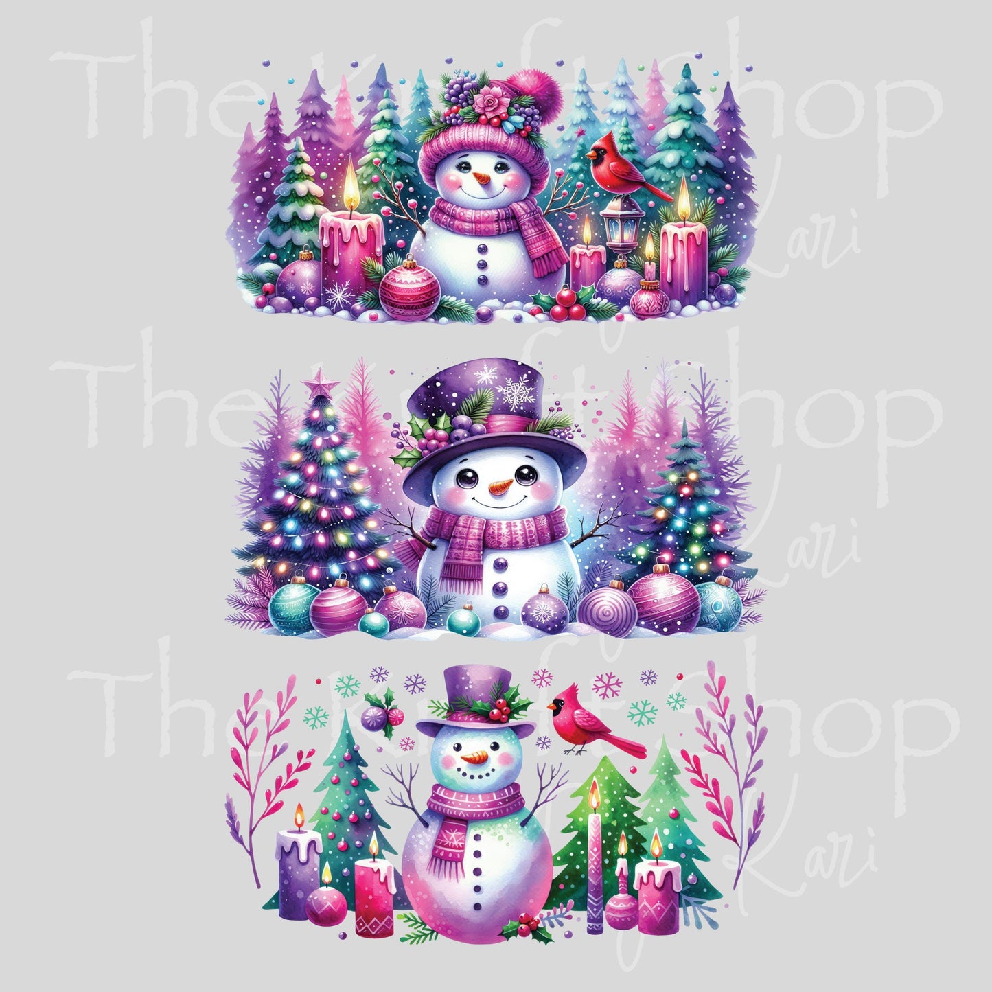 UV DTF Sticker print. Pink purple snowman Christmas 3pk Wrap decal Glass can wrap. #7568