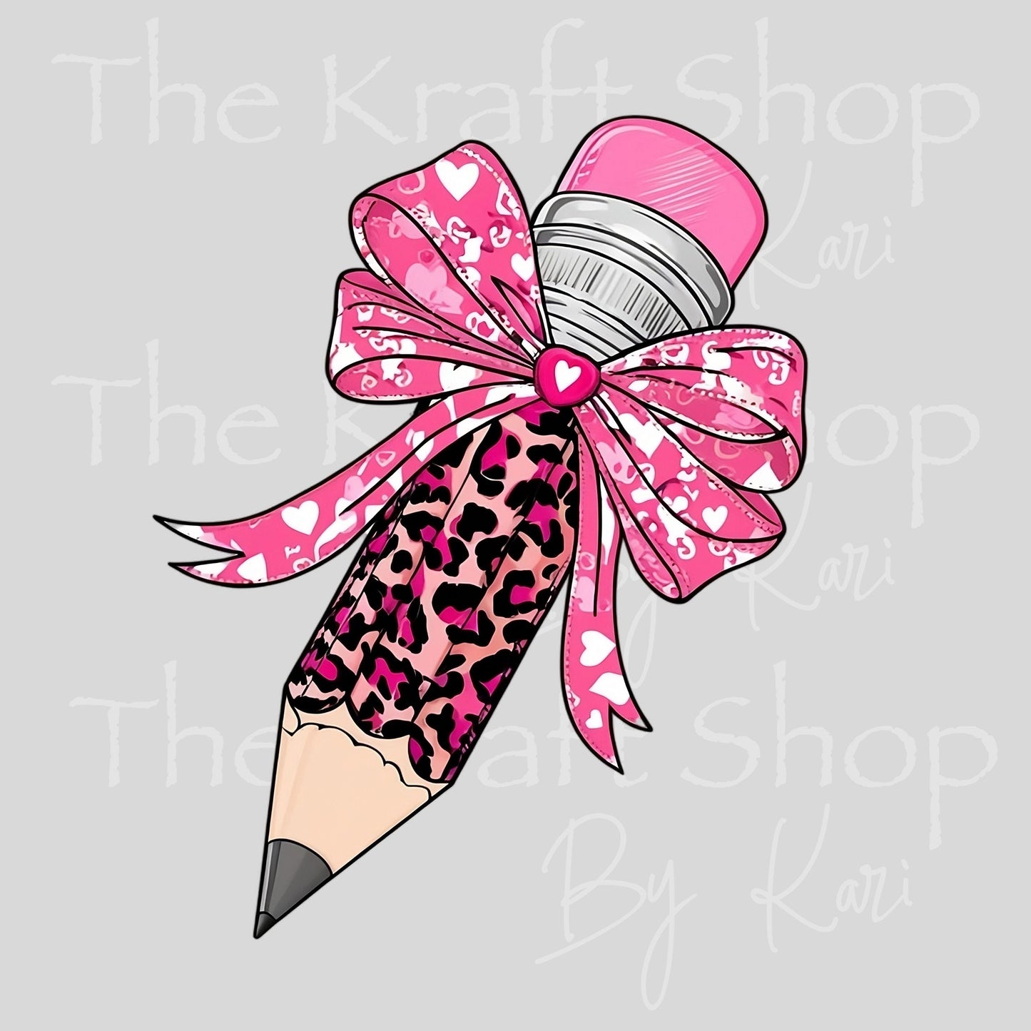 UV DTF Sticker print Leopard pink bow pencil teacher Valentine's Day decal #7596