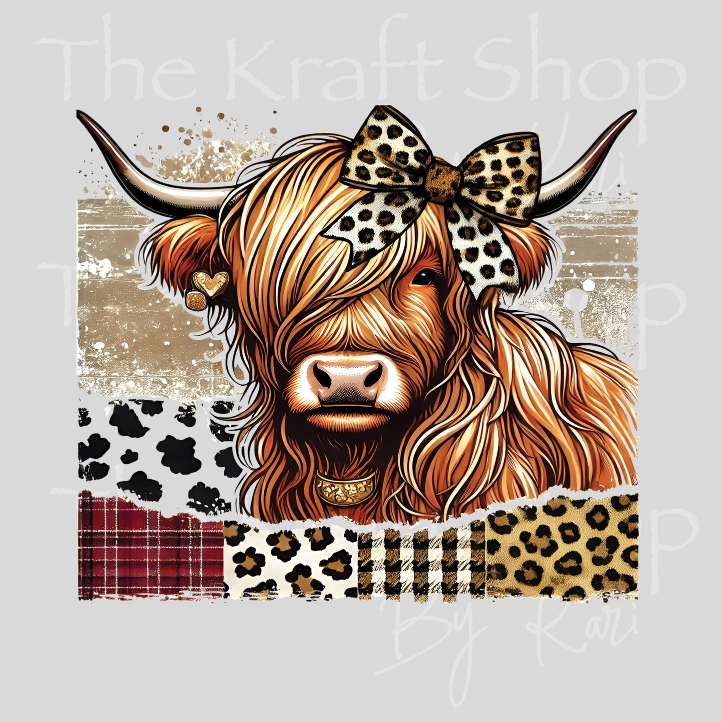 UV DTF Sticker prints. Buffalo check leopard cow decal highland cow with bow #1083