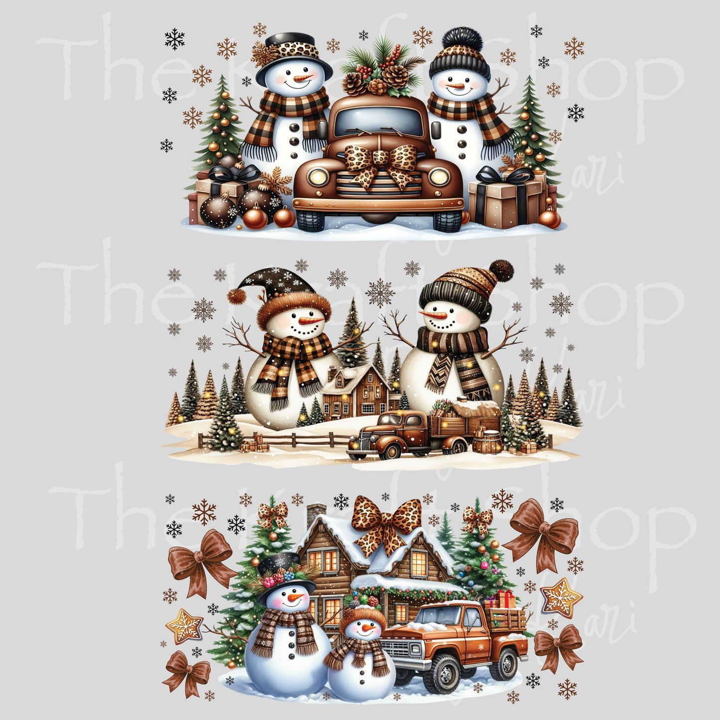 UV DTF Sticker print. Gold brown snowman truck Christmas 3pk Wrap decal Glass can wrap. #7571