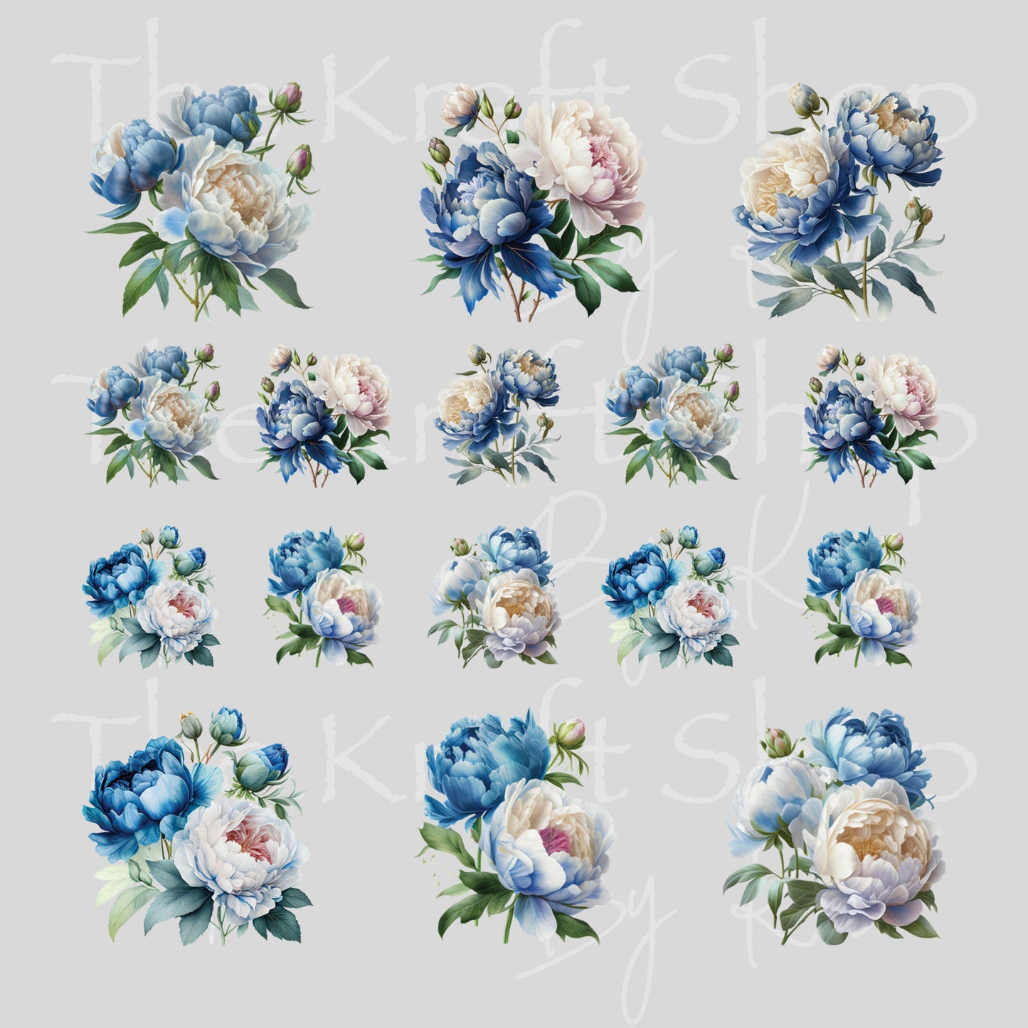 UV DTF Sticker print Blue Peony Element sheet Mixed Media decal #10364