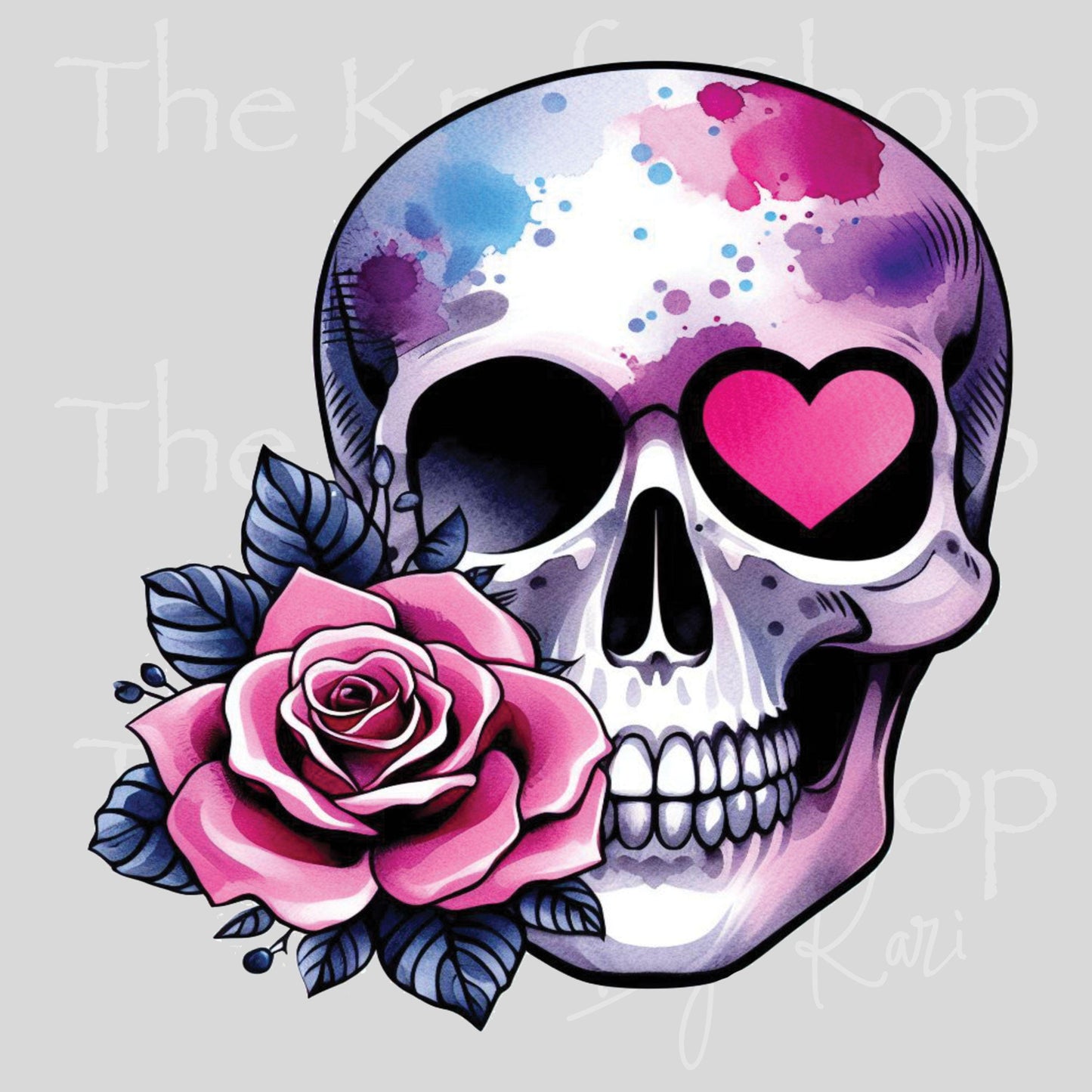 UV DTF Sticker print Valentine skull with pink flowers Valentine's Day decal #7593