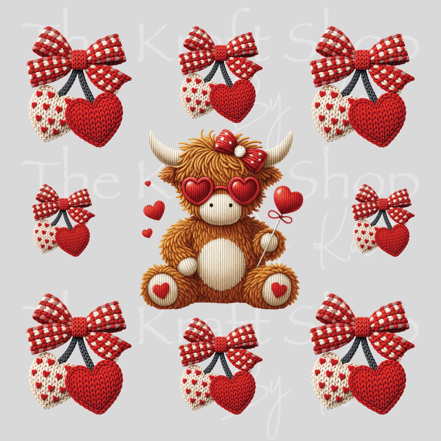 UV DTF Sticker print Yarn highland cow Valentine's Day mixed media Element sheet 8x8 decal #7610