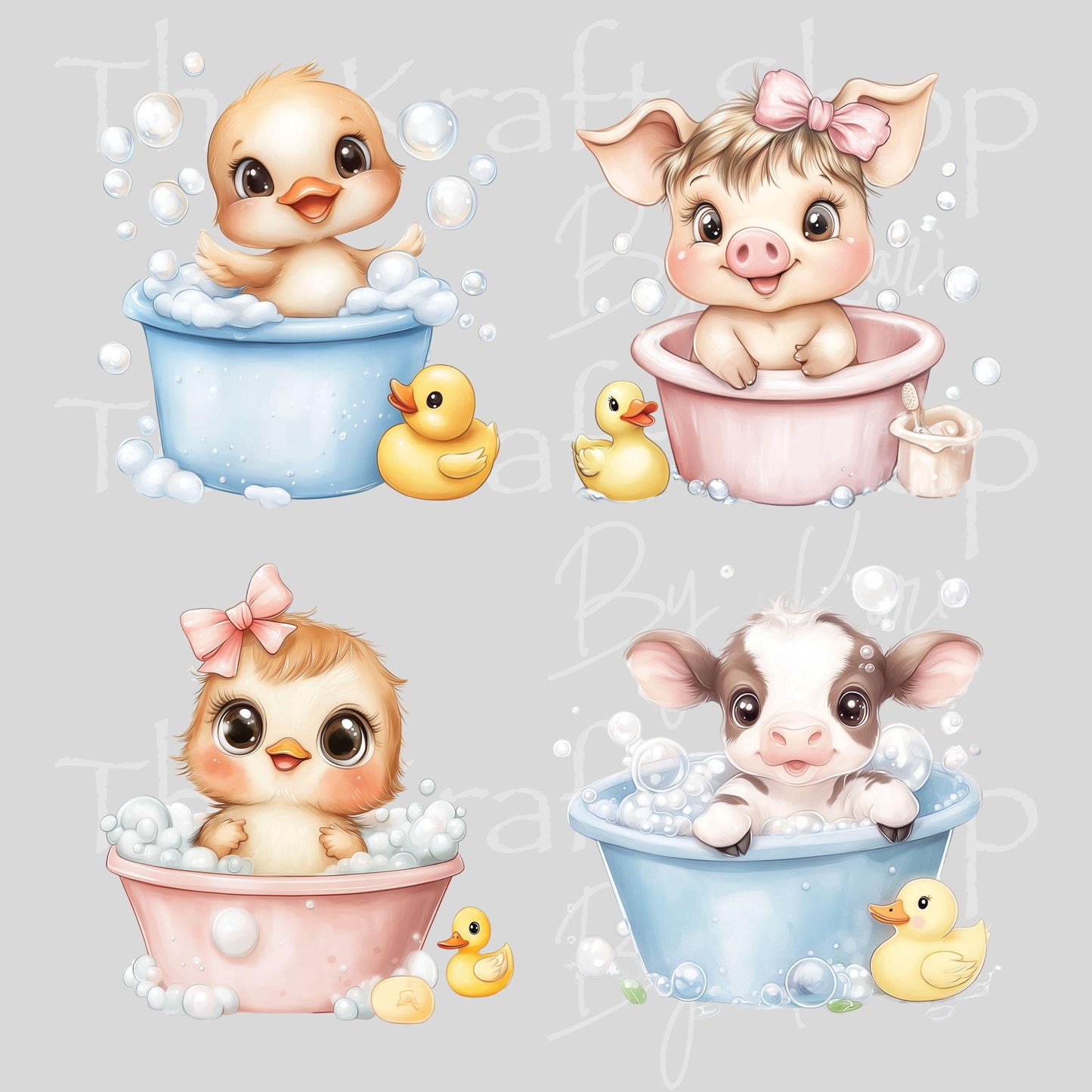 UV DTF Sticker prints. Cute animals baby bath in tub rubber ducks bubbles decals 4pk, permanent sticker.#1084