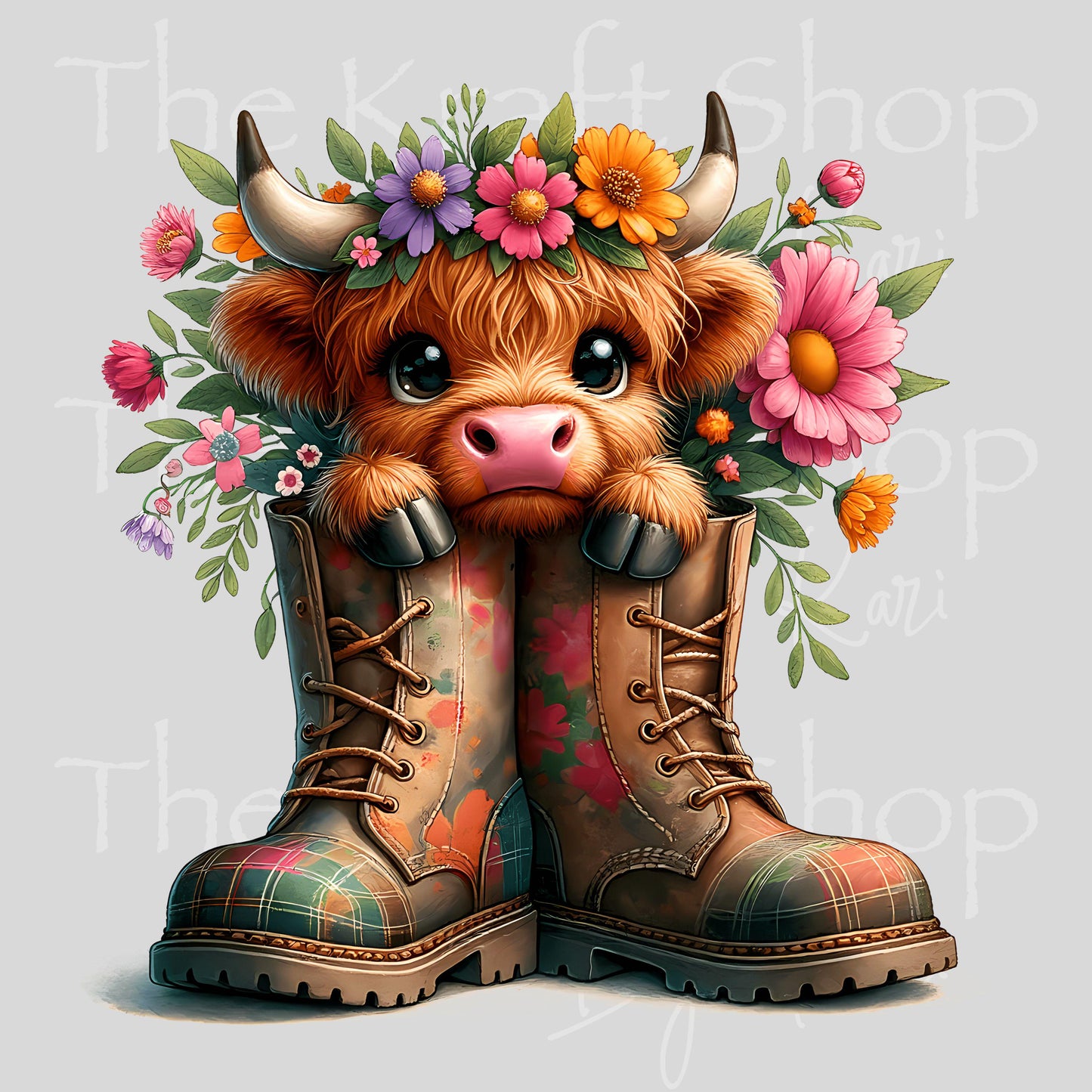 UV DTF Sticker print. Floral highland cow in boots decal, tumbler decal, permanent sticker. UV wrap for glass can tumbler. #1086