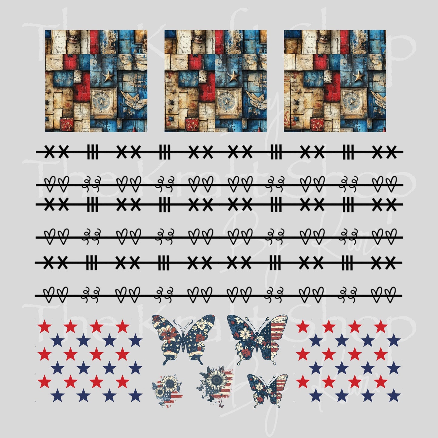 UV DTF Sticker print Patchwork Element Patriotic mixed media Element sheet 9x9 decal #10392