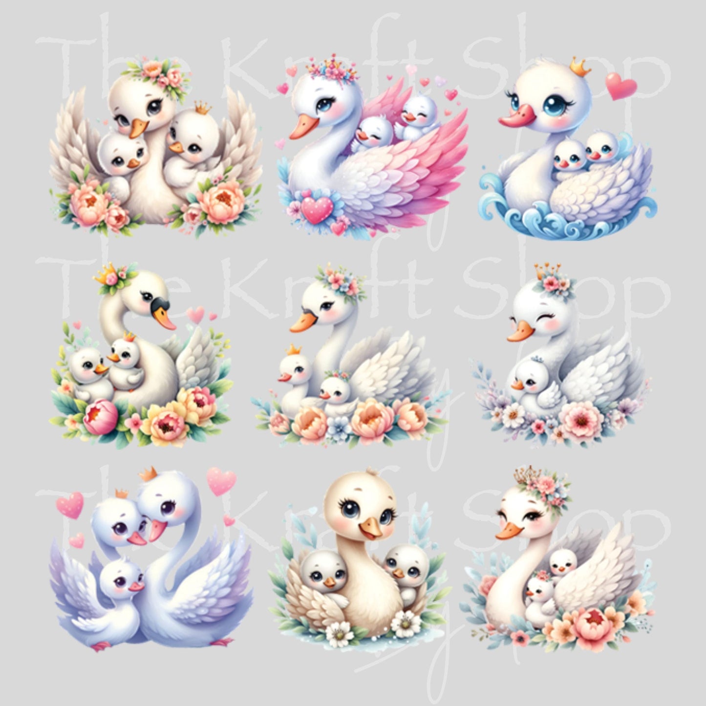 UV DTF Sticker print Swans Mother and babies mixed media Element sheet 8x8 decal #10383