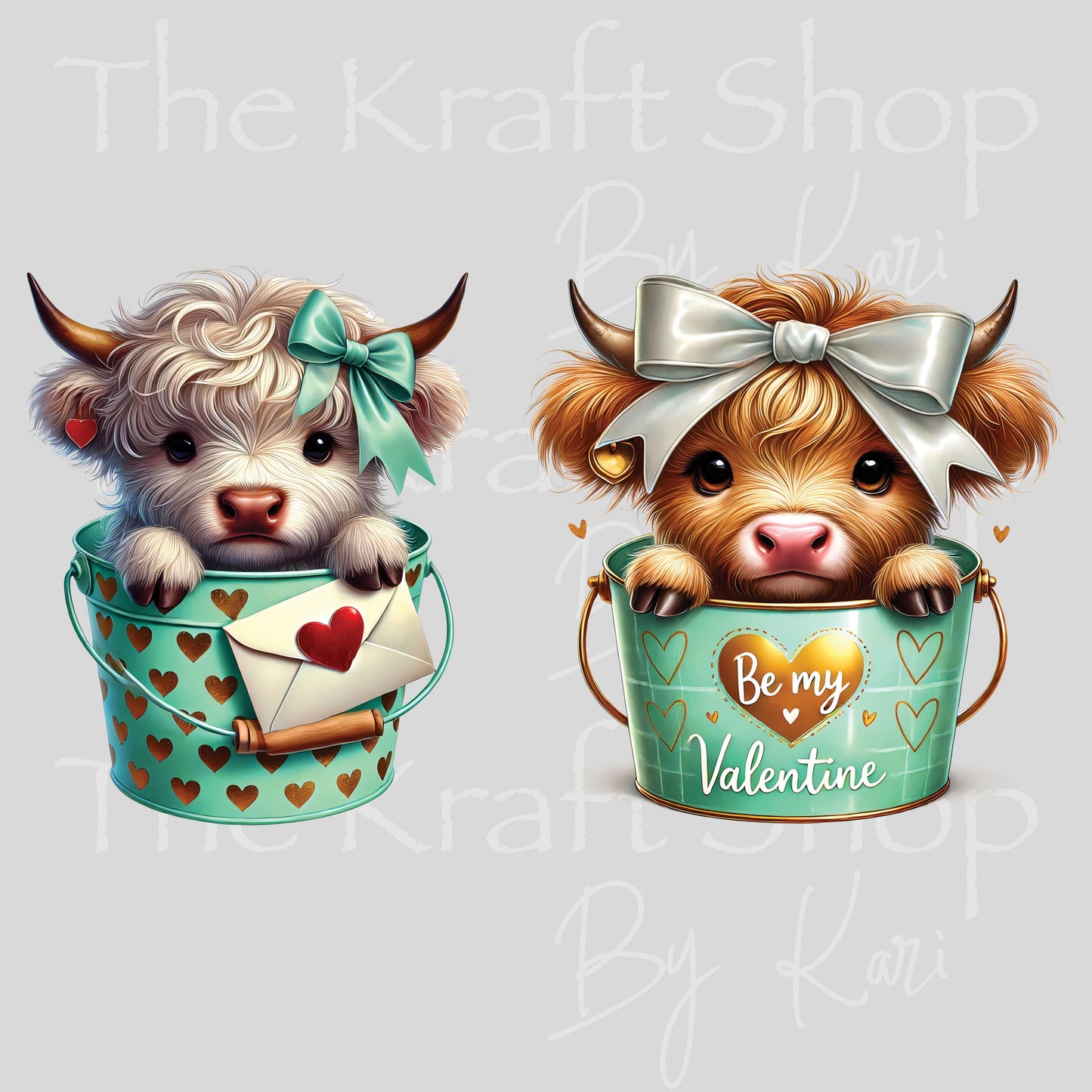 UV DTF Sticker print Teal Valentines Day Cows in a Bucket 2pk decals, tumbler decal, permanent sticker.#7645