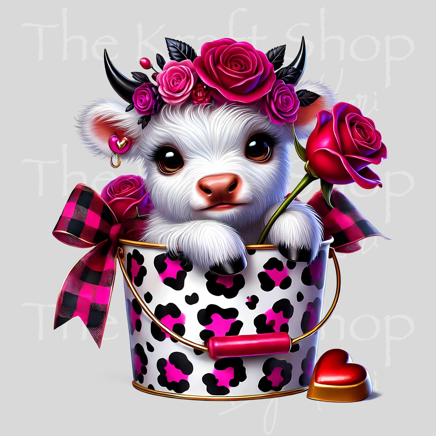 UV DTF Sticker print. White Valentines Day cow in bucket decal, tumbler decal, permanent sticker. #7647