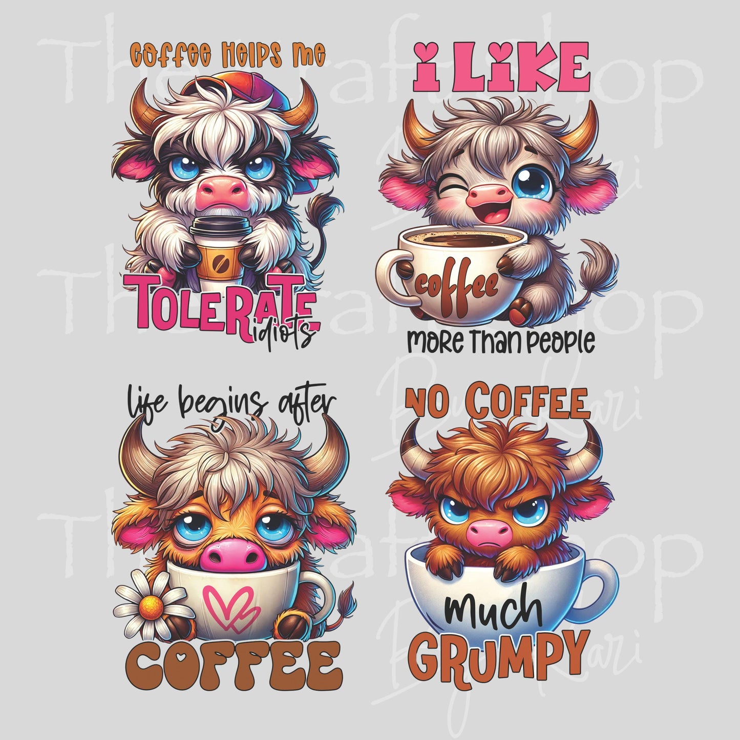UV DTF Sticker prints. Cows and Coffee decals 4pk, permanent sticker.#4593