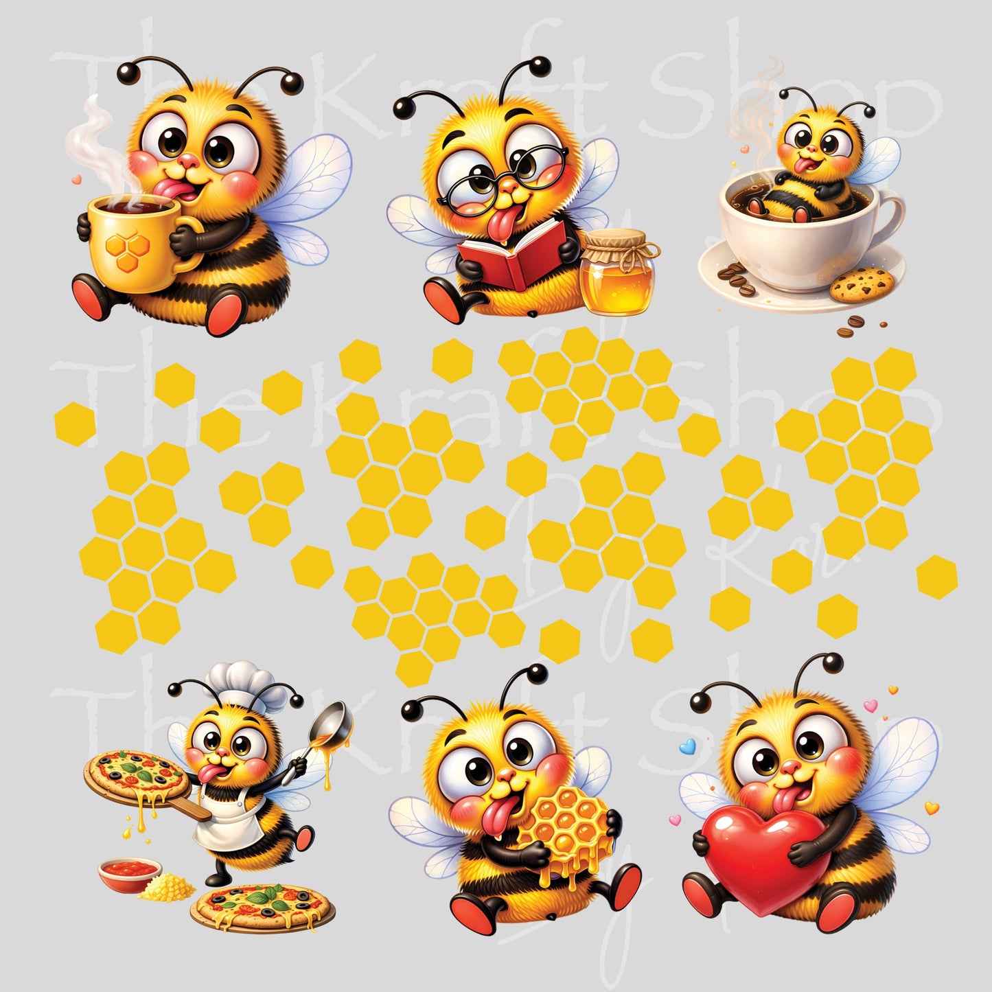 UV DTF Sticker print Cute Bees with food Element sheet 8x8 decal, tumbler decal, permanent sticker. #10406