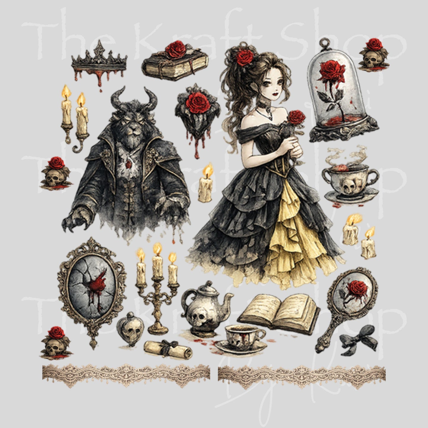 UV DTF Gothic Belle elements mixed media bundle of decals Element sheet 10x10 decal #7673