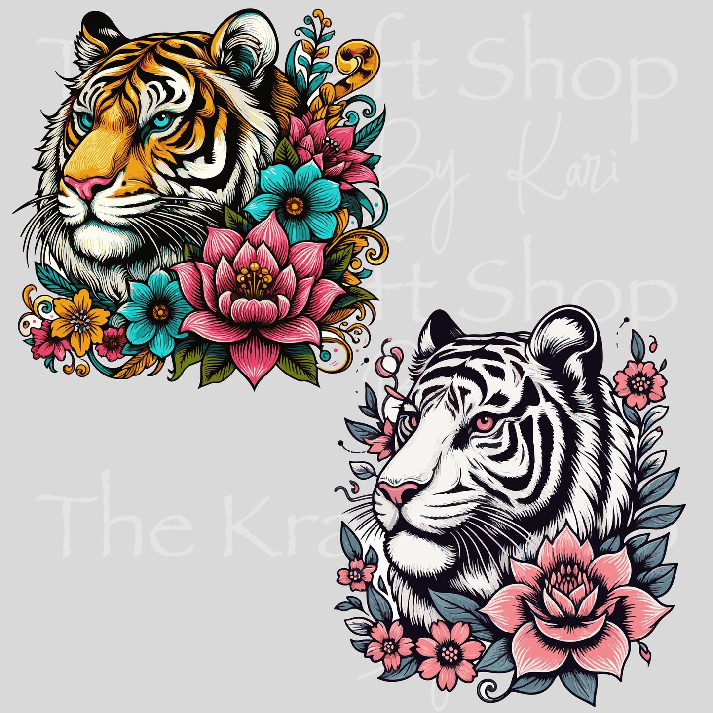 UV DTF Tiger Head with floral accents decal, tumbler decal, permanent sticker. #1103