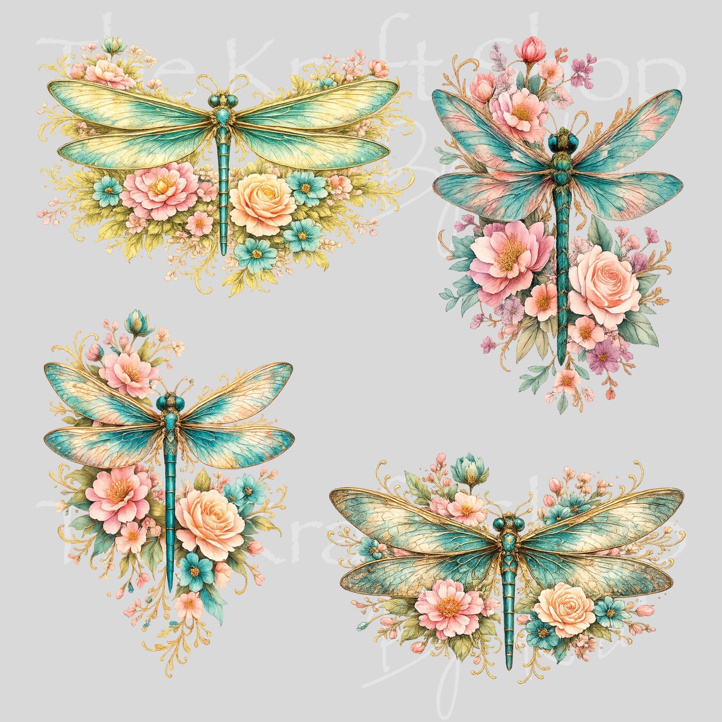 UV DTF Flowers and Dragonflies decals 4pk, permanent sticker.#1108