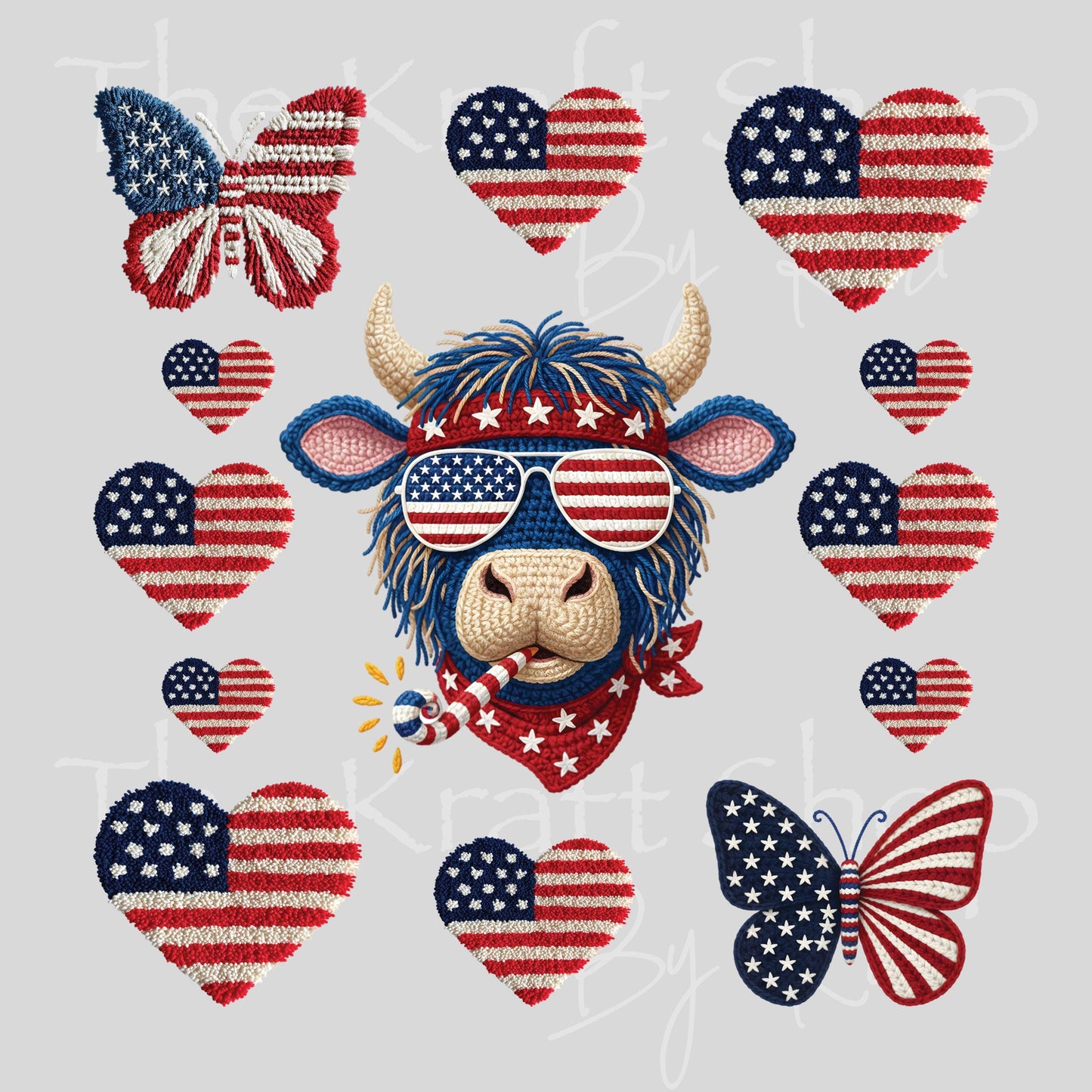 UV DTF Yarn Patriotic Highland Cow mixed media Element sheet 8x8 decal #1110