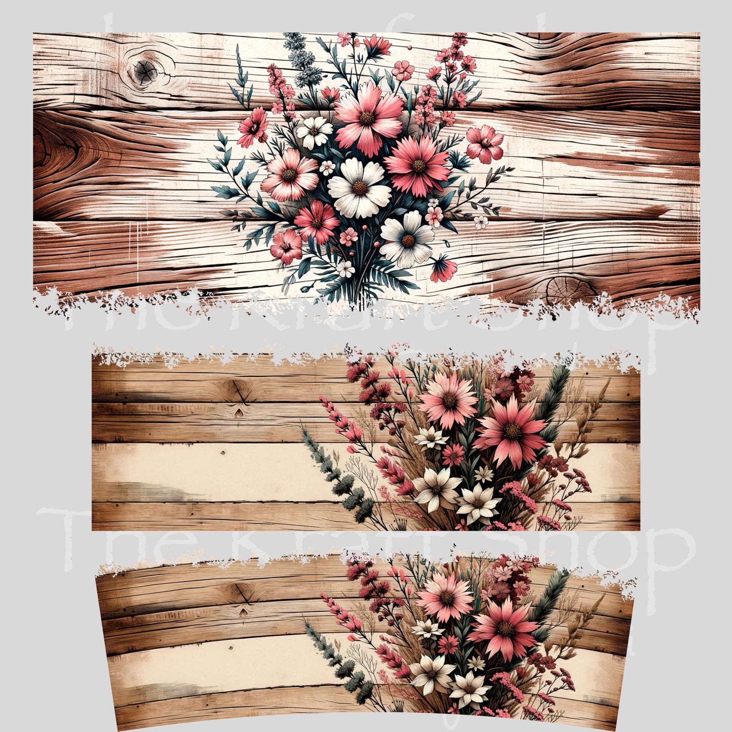 UV DTF 40 oz ready to apply Distressed wood plank pink flowers wrap decal , quencher tumbler decal #3202