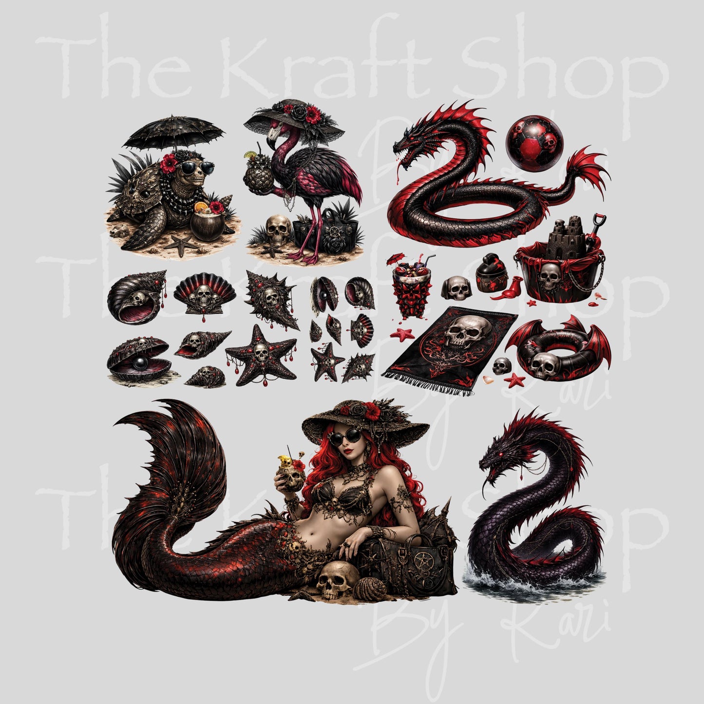 UV DTF Sticker print Gothic Summer with skulls and mermaids Element sheet 8x8 decal #4612