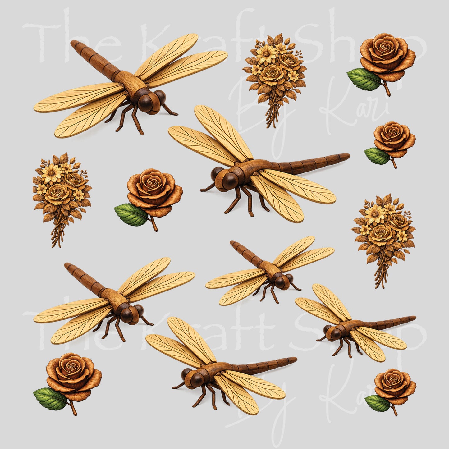 UV DTF Wooden Dragonflies and Roses Element sheet 6x6 decal, tumbler decal, permanent sticker. #1113