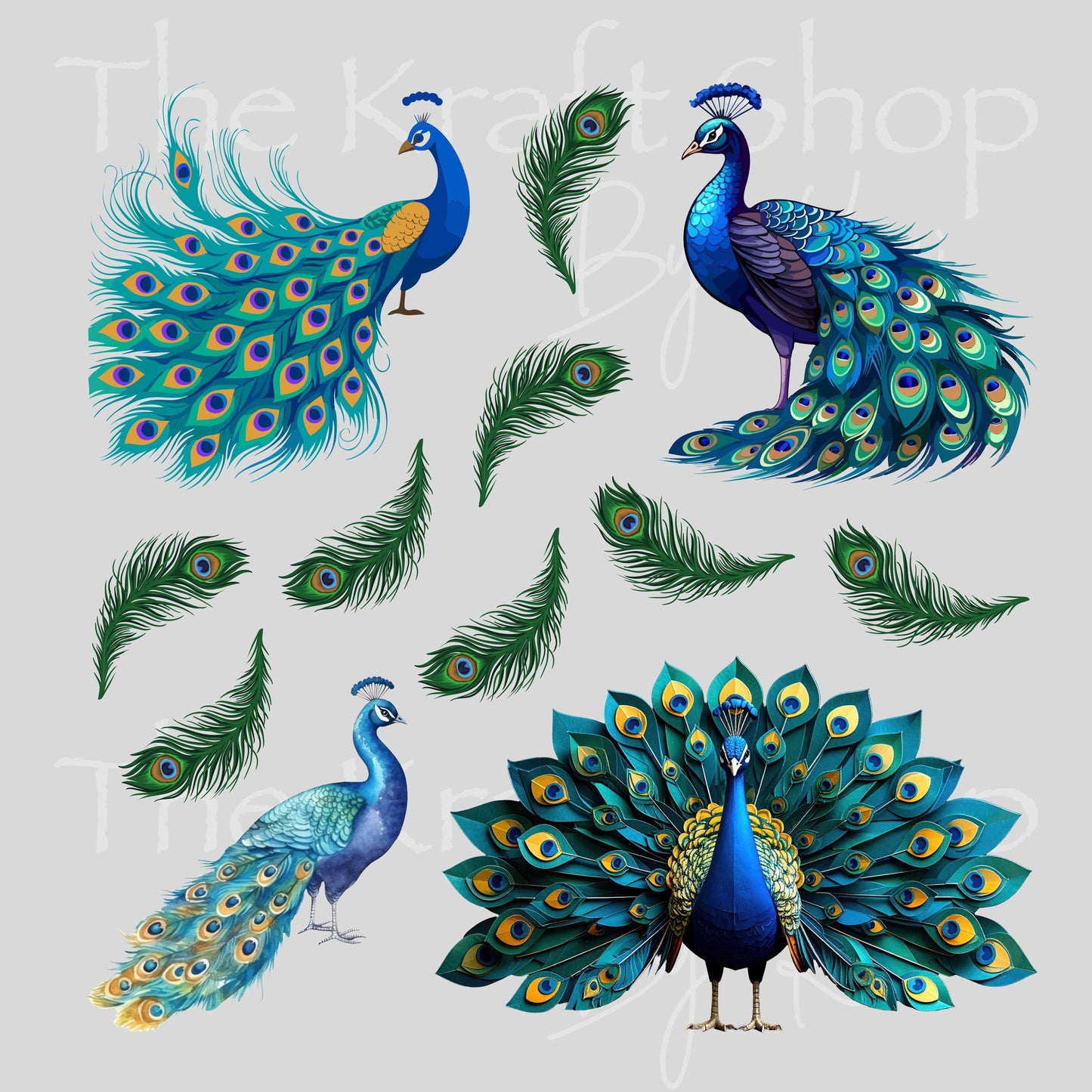 UV DTF Peacock and Feathers Elements mixed media bundle of decals sheet 10x10 decal #1114