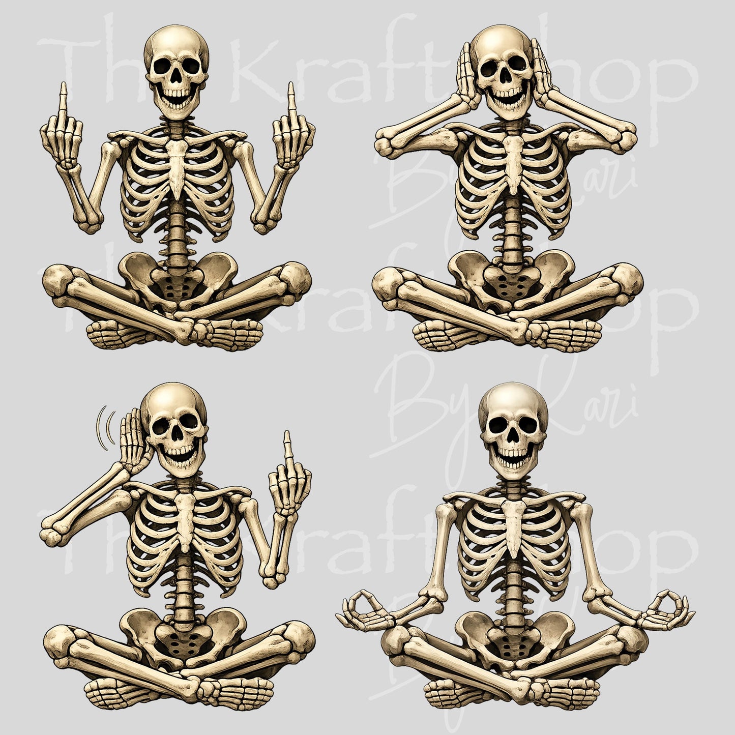 UV DTF Sarcastic skeleton meditating or middle fingers decals 4pk, permanent sticker.#4641